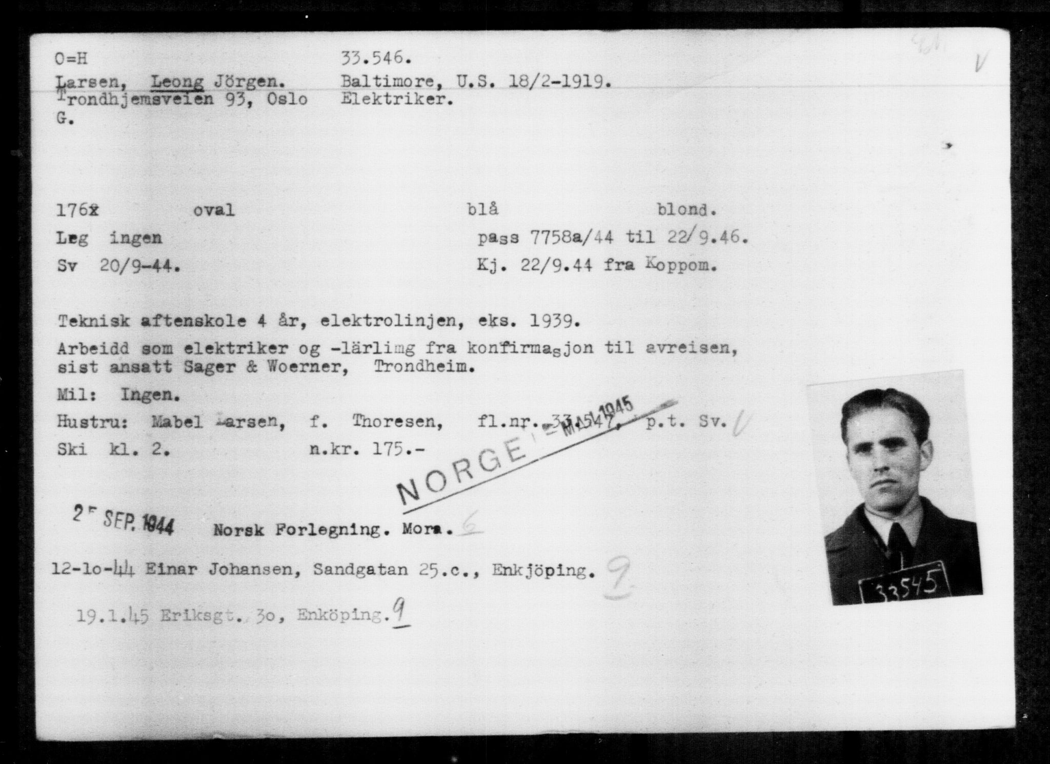 Utenriksstasjonene, Legasjonen i Stockholm, Flyktningkontoret, AV/RA-S-6753/V/Va/L0013: Kjesäterkartoteket, flyktninger med registreringsnr. 31500-34731, 1940-1945, s. 2158