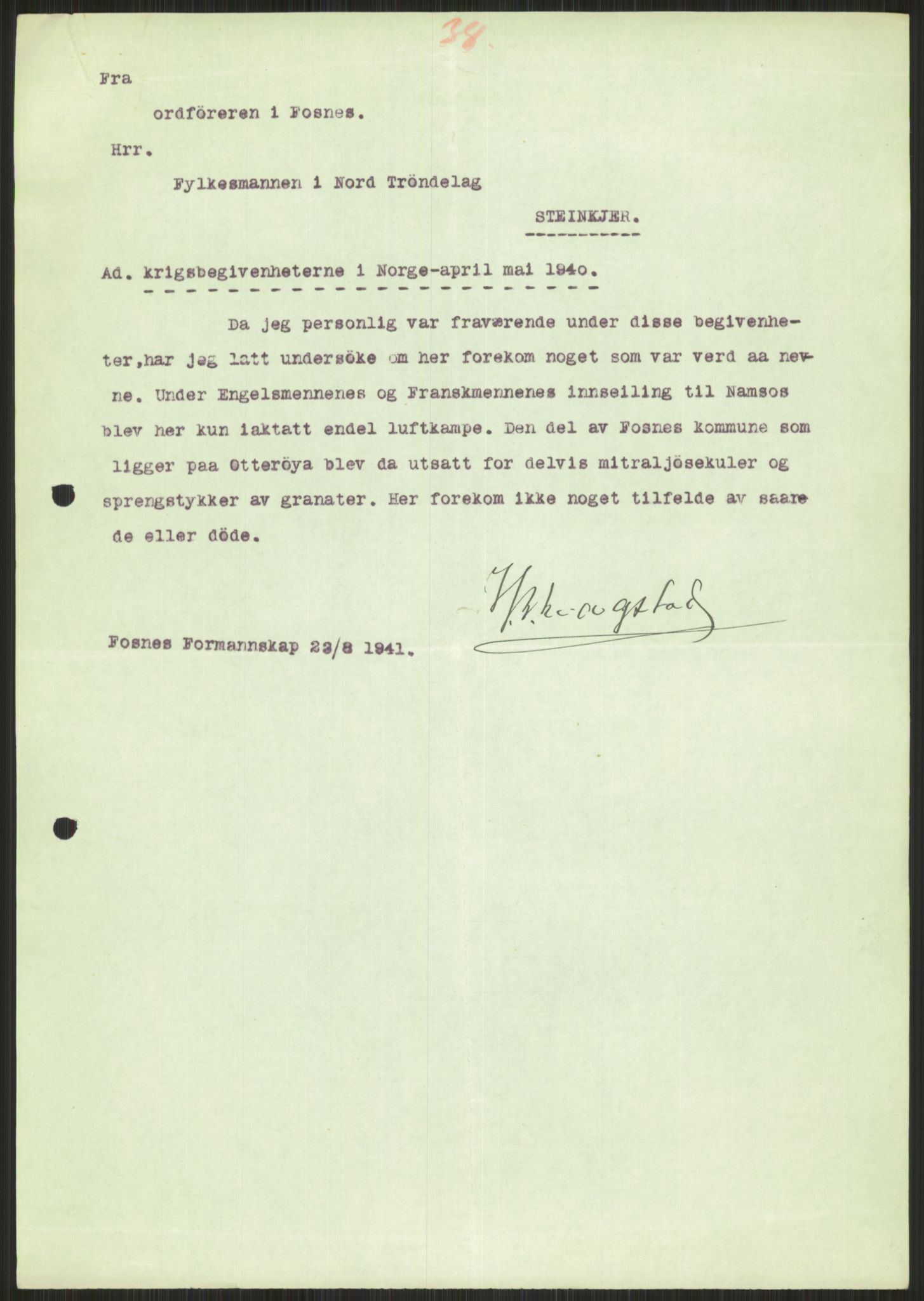 Forsvaret, Forsvarets krigshistoriske avdeling, AV/RA-RAFA-2017/Y/Ya/L0016: II-C-11-31 - Fylkesmenn.  Rapporter om krigsbegivenhetene 1940., 1940, s. 460