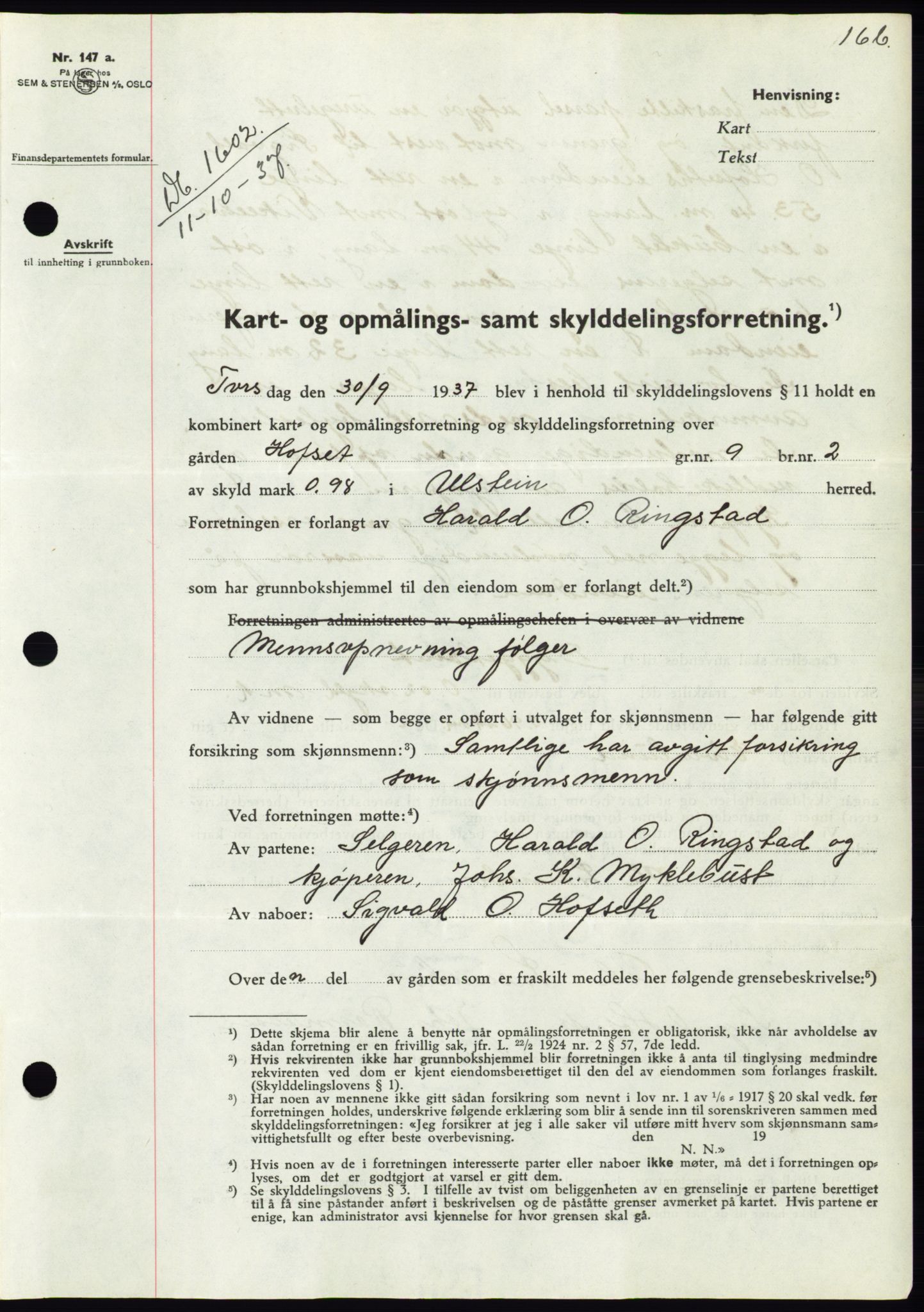Søre Sunnmøre sorenskriveri, SAT/A-4122/1/2/2C/L0064: Pantebok nr. 58, 1937-1938, Dagboknr: 1602/1937