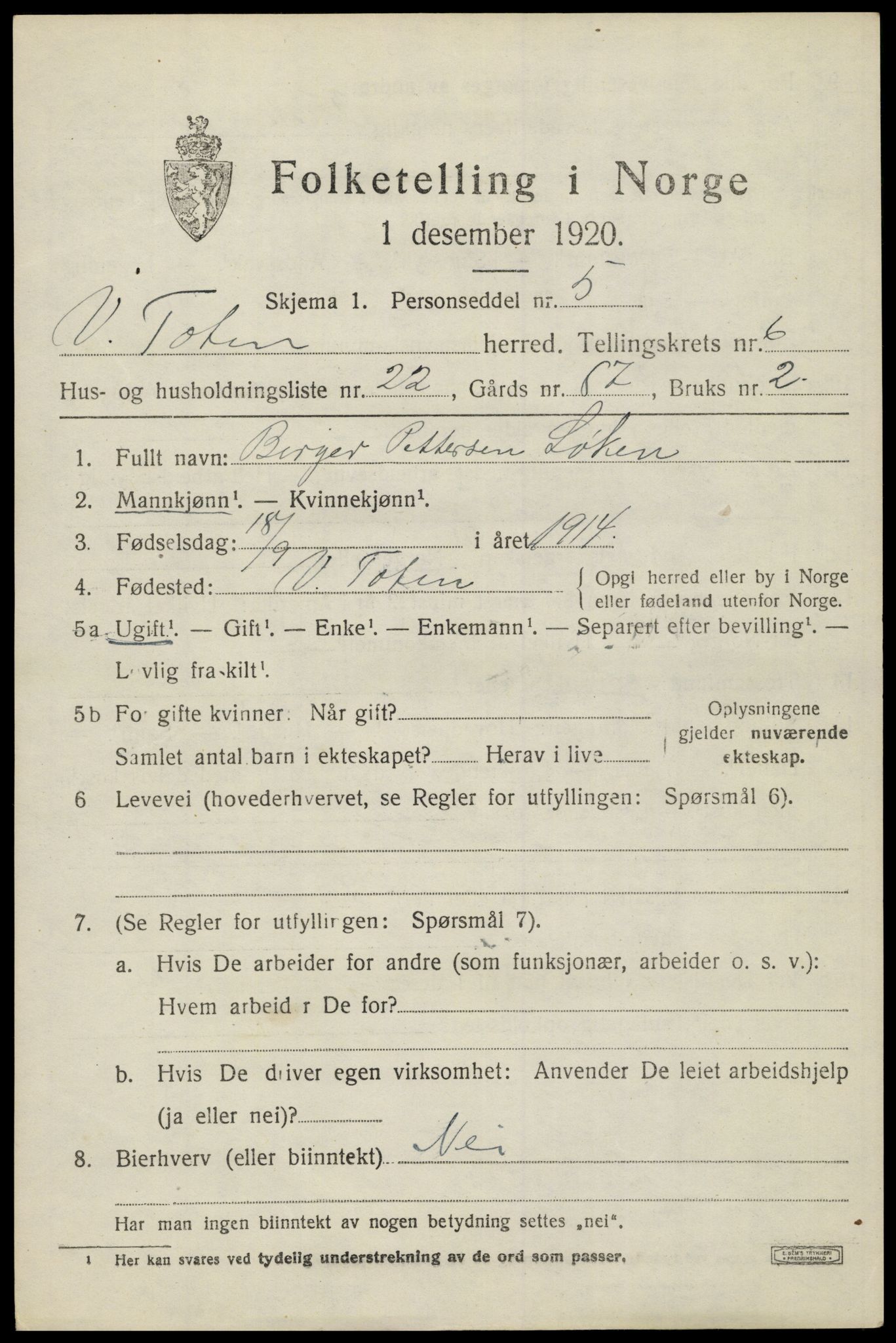 SAH, Folketelling 1920 for 0529 Vestre Toten herred, 1920, s. 8420