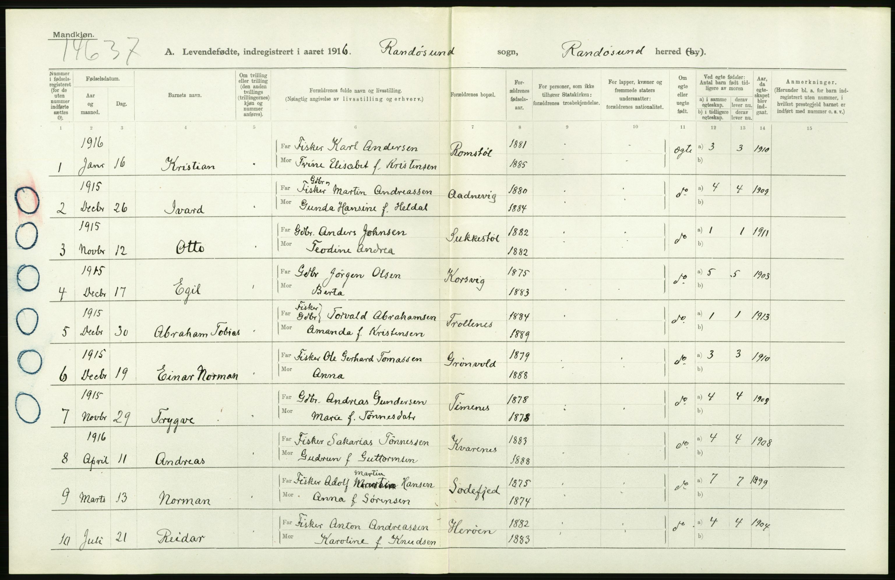 Statistisk sentralbyrå, Sosiodemografiske emner, Befolkning, AV/RA-S-2228/D/Df/Dfb/Dfbf/L0027: Lister og Mandals amt: Levendefødte menn og kvinner. Bygder og byer., 1916, s. 302
