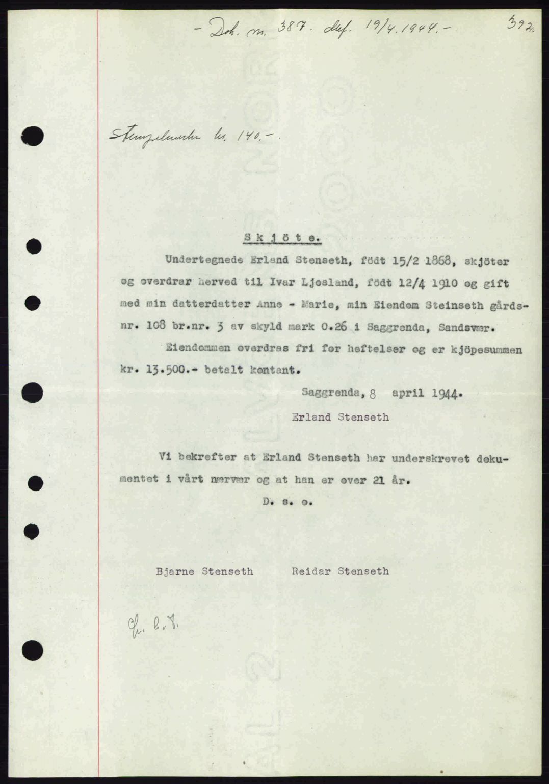 Numedal og Sandsvær sorenskriveri, SAKO/A-128/G/Ga/Gaa/L0055: Pantebok nr. A7, 1943-1944, Dagboknr: 387/1944