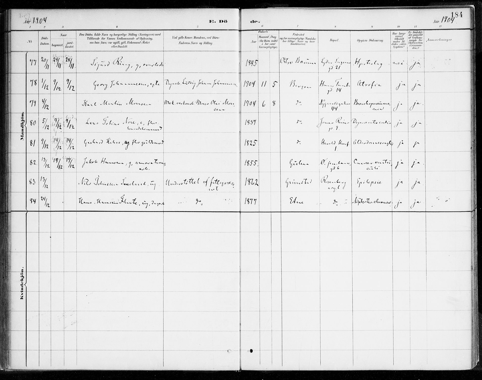 Johanneskirken sokneprestembete, AV/SAB-A-76001/H/Haa/L0019: Ministerialbok nr. E 1, 1885-1915, s. 184