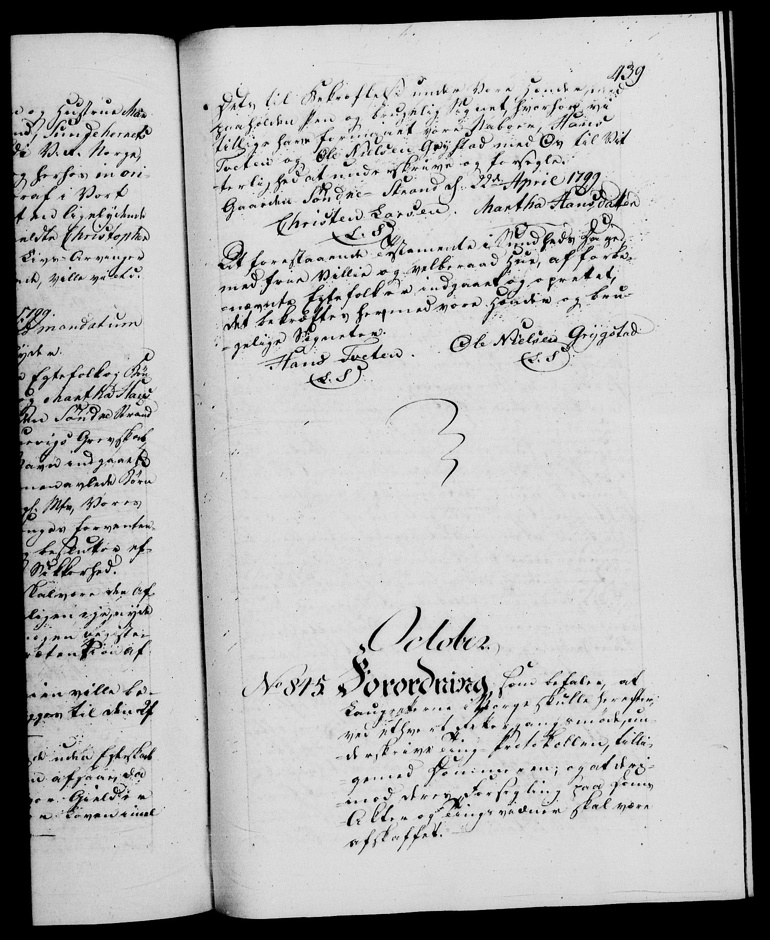 Danske Kanselli 1572-1799, RA/EA-3023/F/Fc/Fca/Fcaa/L0059: Norske registre, 1799, s. 439a