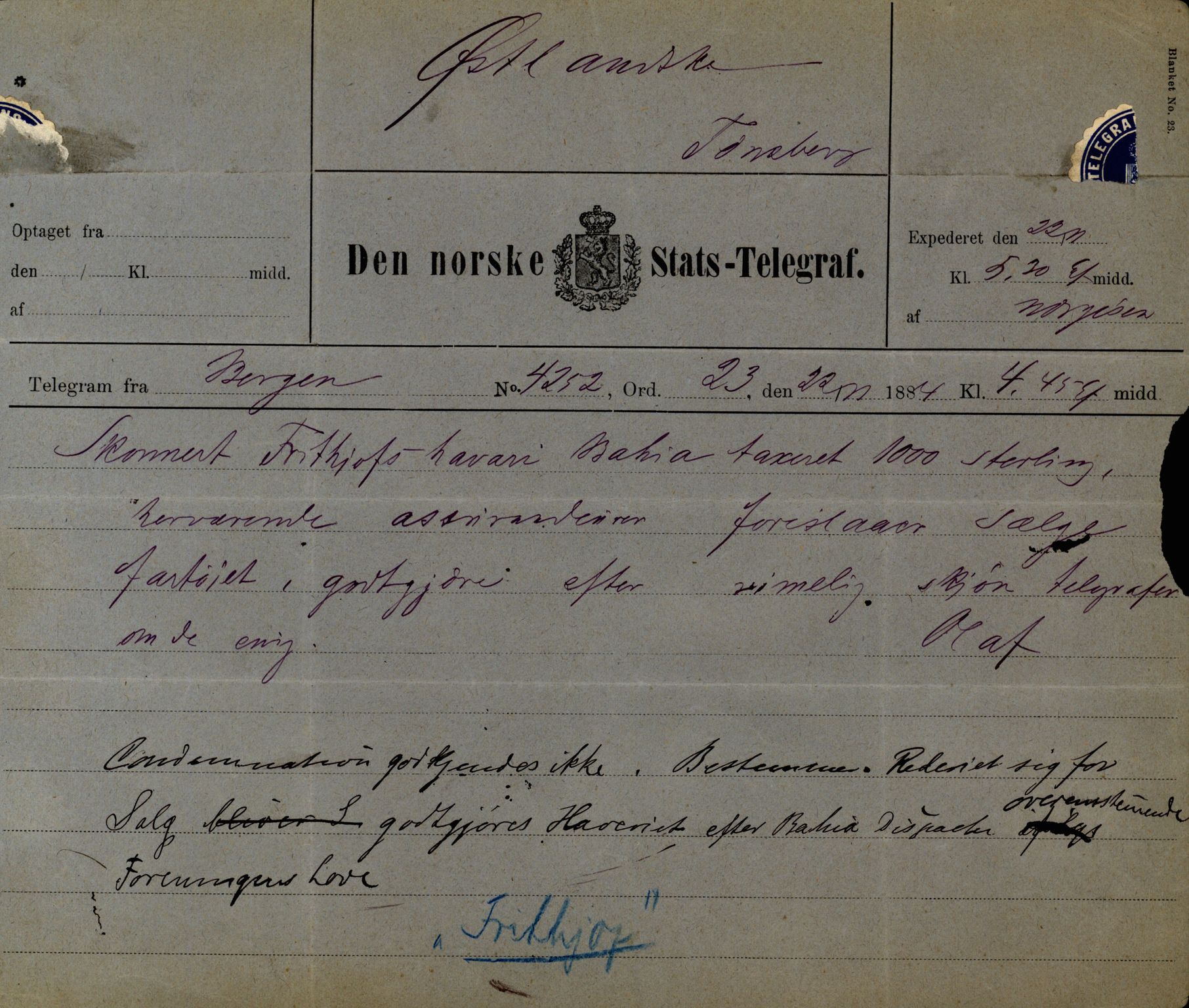 Pa 63 - Østlandske skibsassuranceforening, VEMU/A-1079/G/Ga/L0017/0010: Havaridokumenter / Frithjof, Grid, Gratitude, Gaselle, Garibaldi, 1884, s. 2