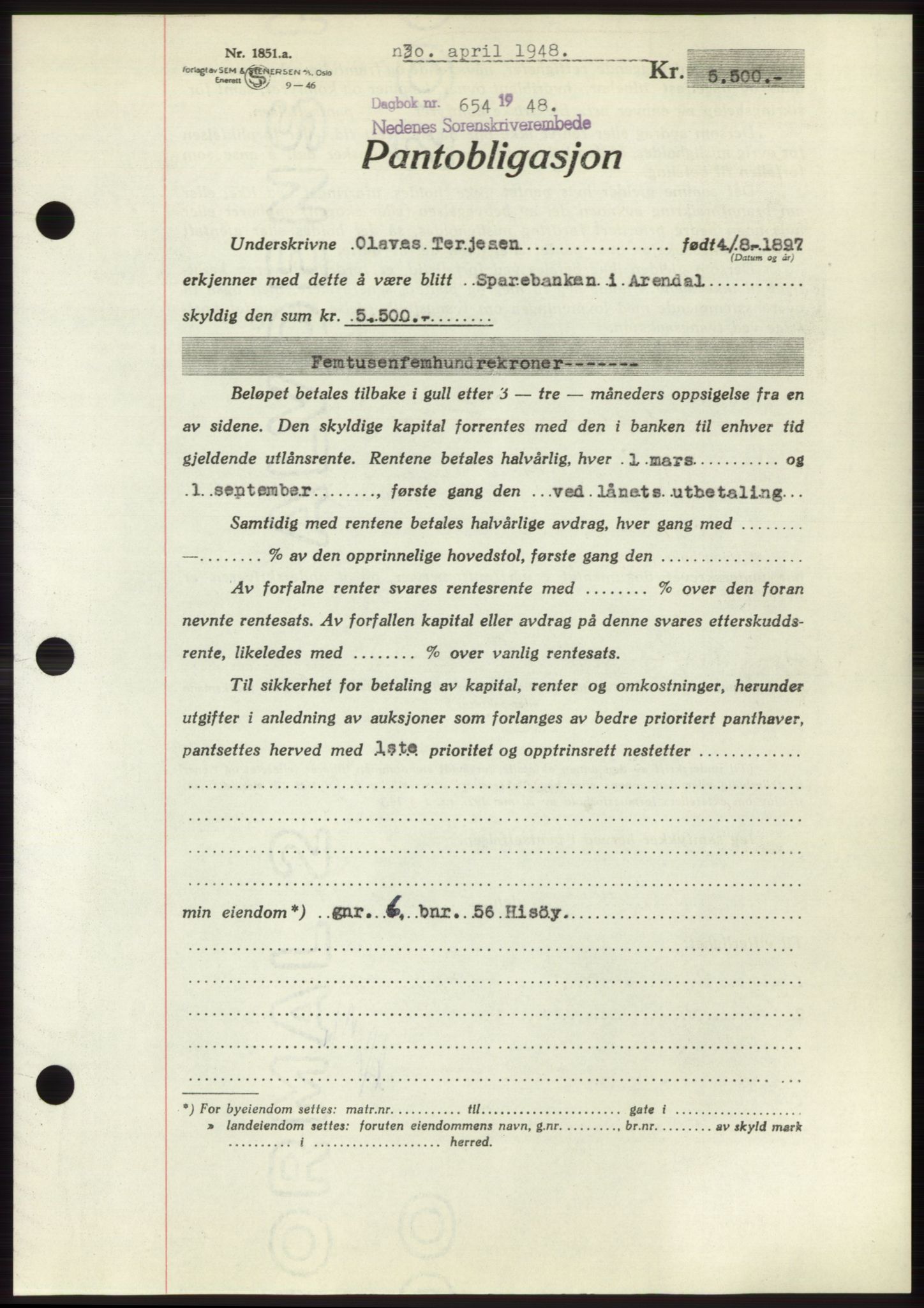 Nedenes sorenskriveri, AV/SAK-1221-0006/G/Gb/Gbb/L0005: Pantebok nr. B5, 1948-1948, Dagboknr: 654/1948