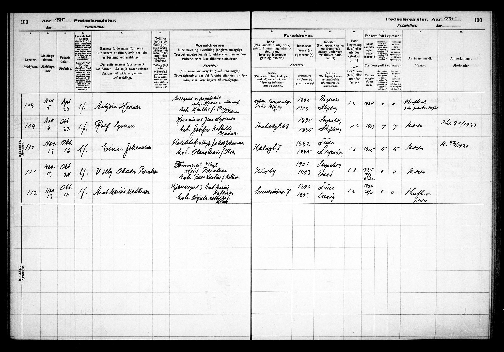 Sarpsborg prestekontor Kirkebøker, AV/SAO-A-2006/J/Ja/L0002: Fødselsregister nr. 2, 1922-1928, s. 100