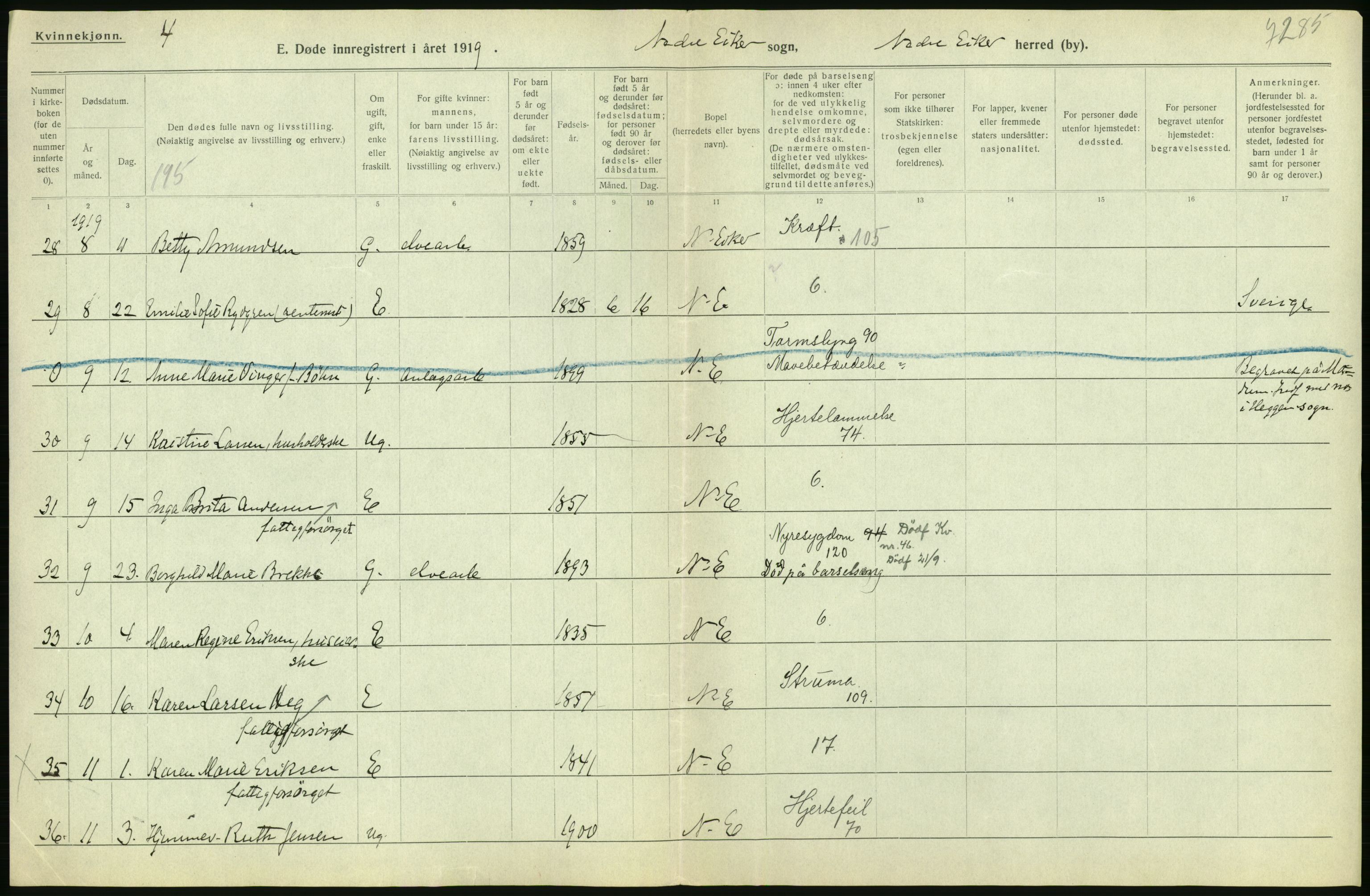 Statistisk sentralbyrå, Sosiodemografiske emner, Befolkning, AV/RA-S-2228/D/Df/Dfb/Dfbi/L0018: Buskerud fylke: Døde. Bygder og byer., 1919, s. 104