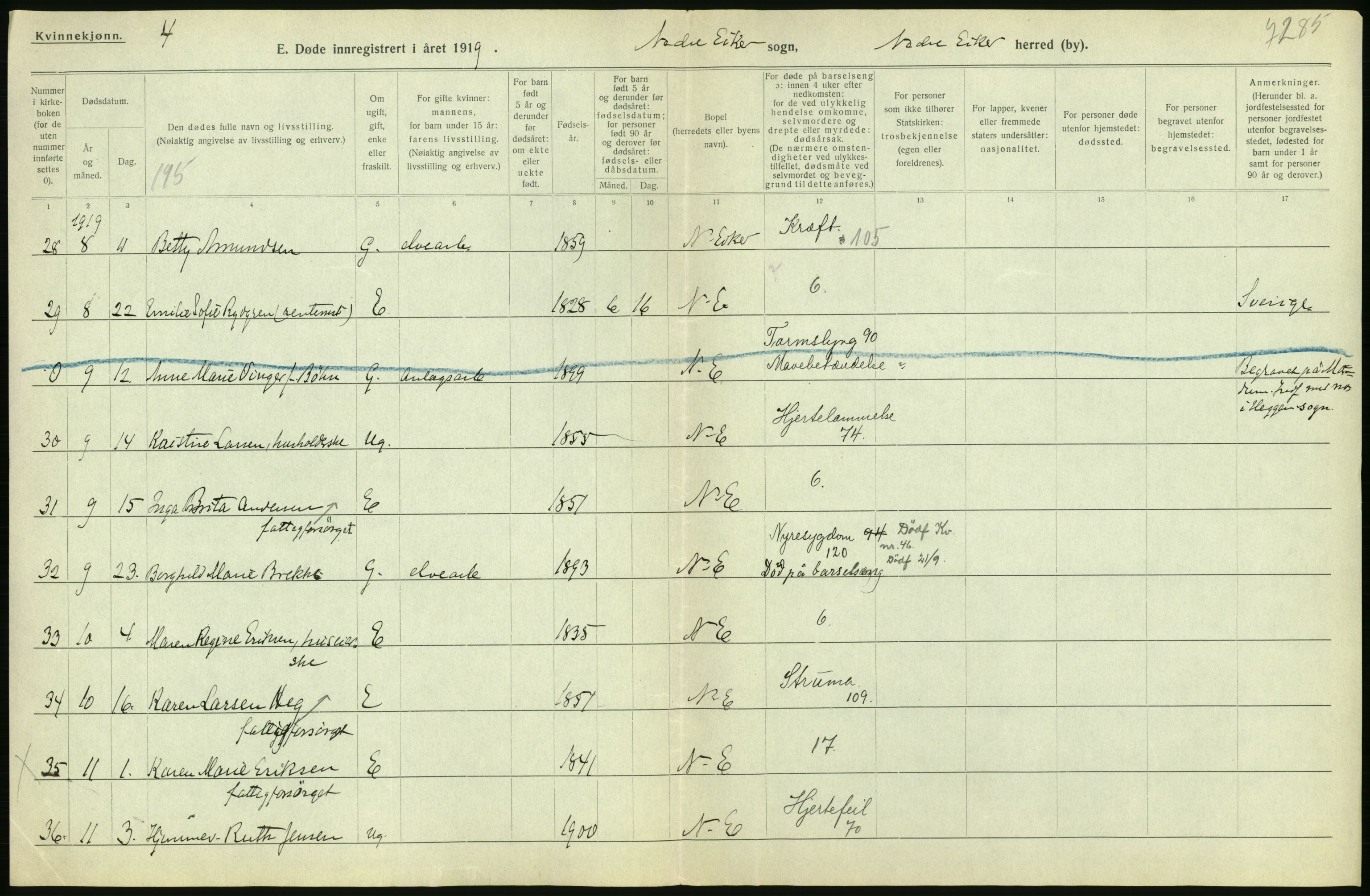 Statistisk sentralbyrå, Sosiodemografiske emner, Befolkning, RA/S-2228/D/Df/Dfb/Dfbi/L0018: Buskerud fylke: Døde. Bygder og byer., 1919, s. 104