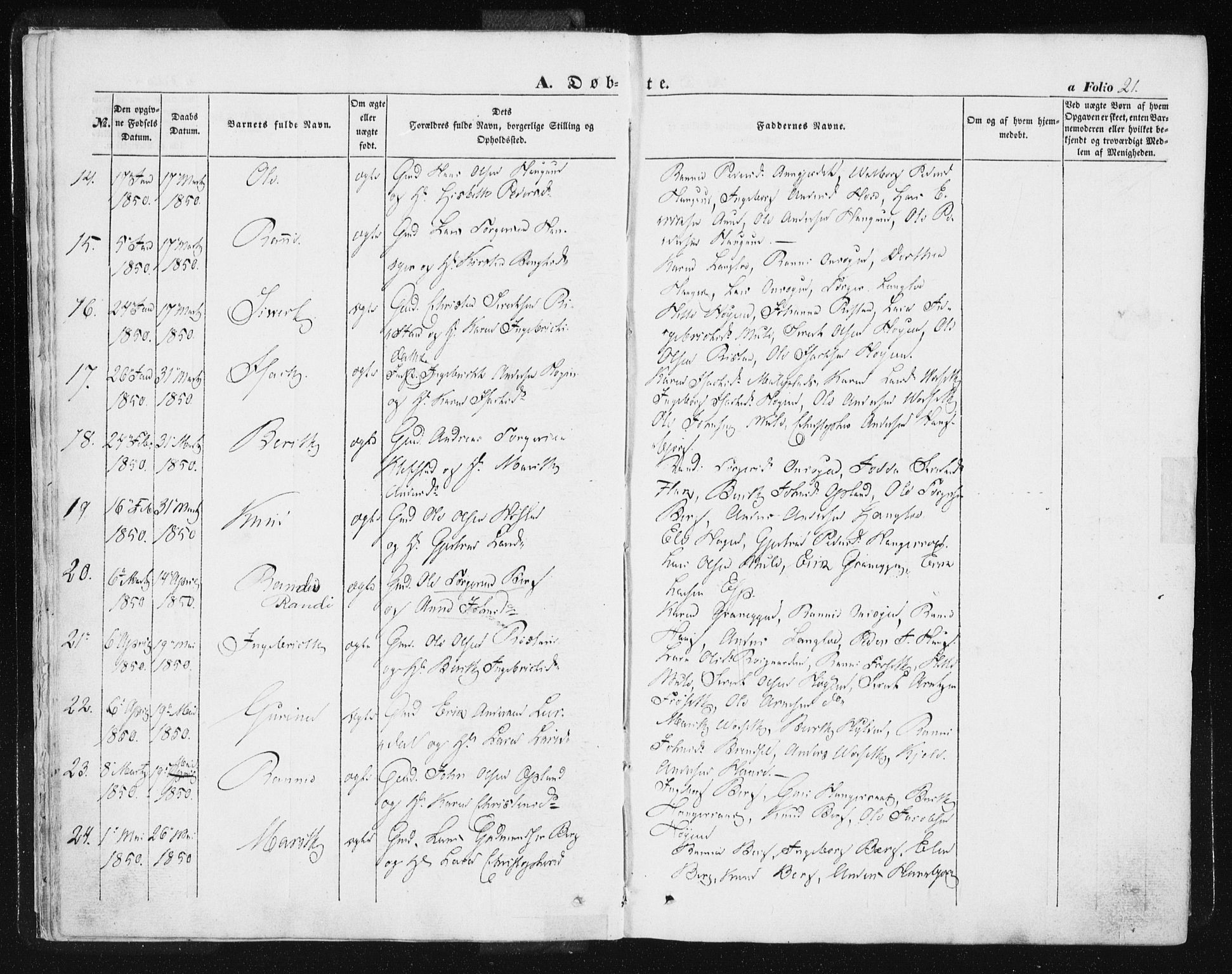 Ministerialprotokoller, klokkerbøker og fødselsregistre - Sør-Trøndelag, SAT/A-1456/612/L0376: Ministerialbok nr. 612A08, 1846-1859, s. 21
