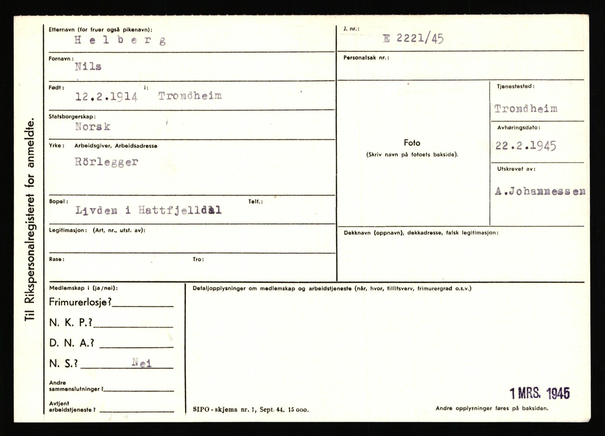 Statspolitiet - Hovedkontoret / Osloavdelingen, AV/RA-S-1329/C/Ca/L0006: Hanche - Hokstvedt, 1943-1945, s. 3210