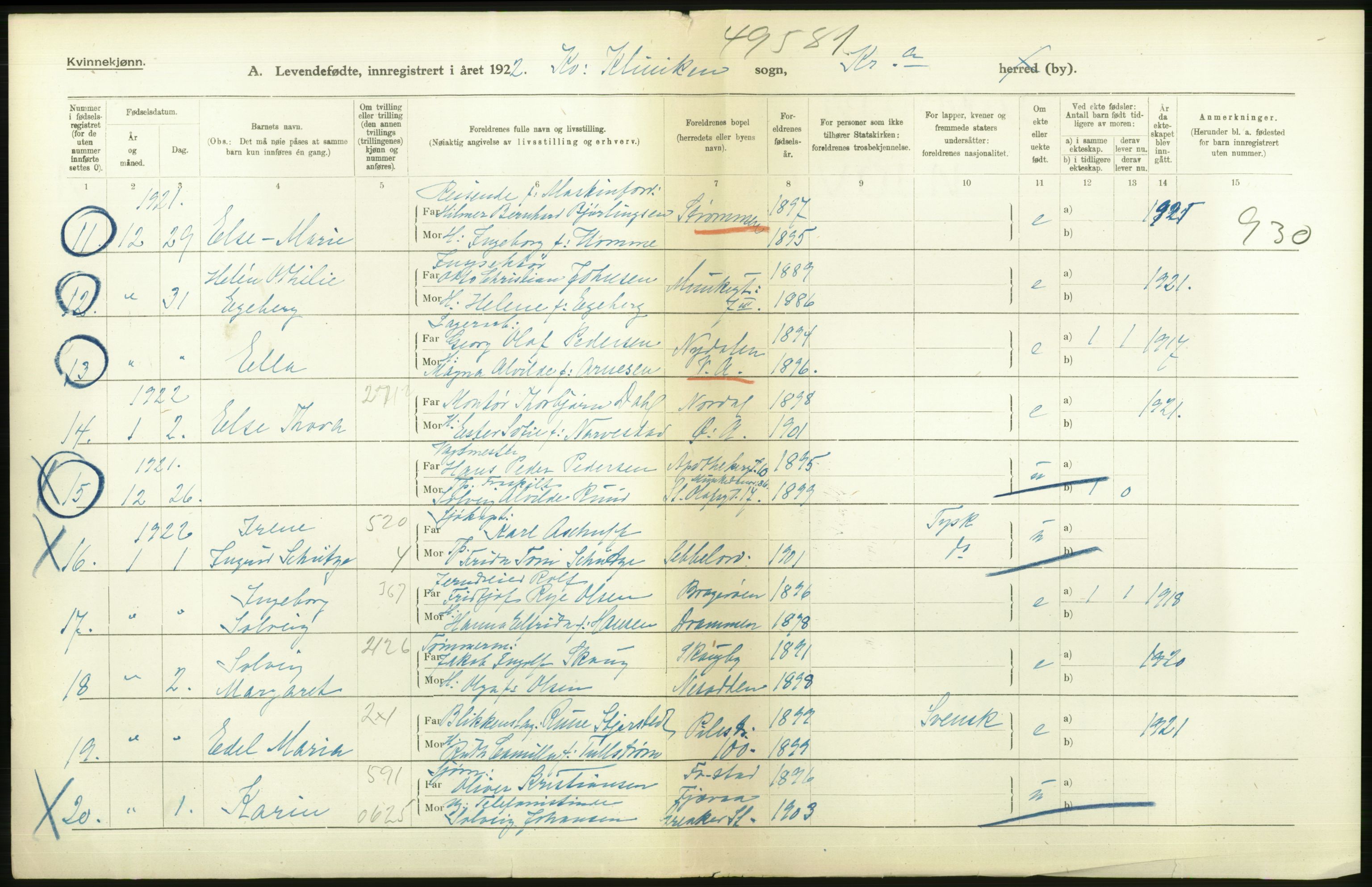 Statistisk sentralbyrå, Sosiodemografiske emner, Befolkning, RA/S-2228/D/Df/Dfc/Dfcb/L0007: Kristiania: Levendefødte menn og kvinner., 1922, s. 218