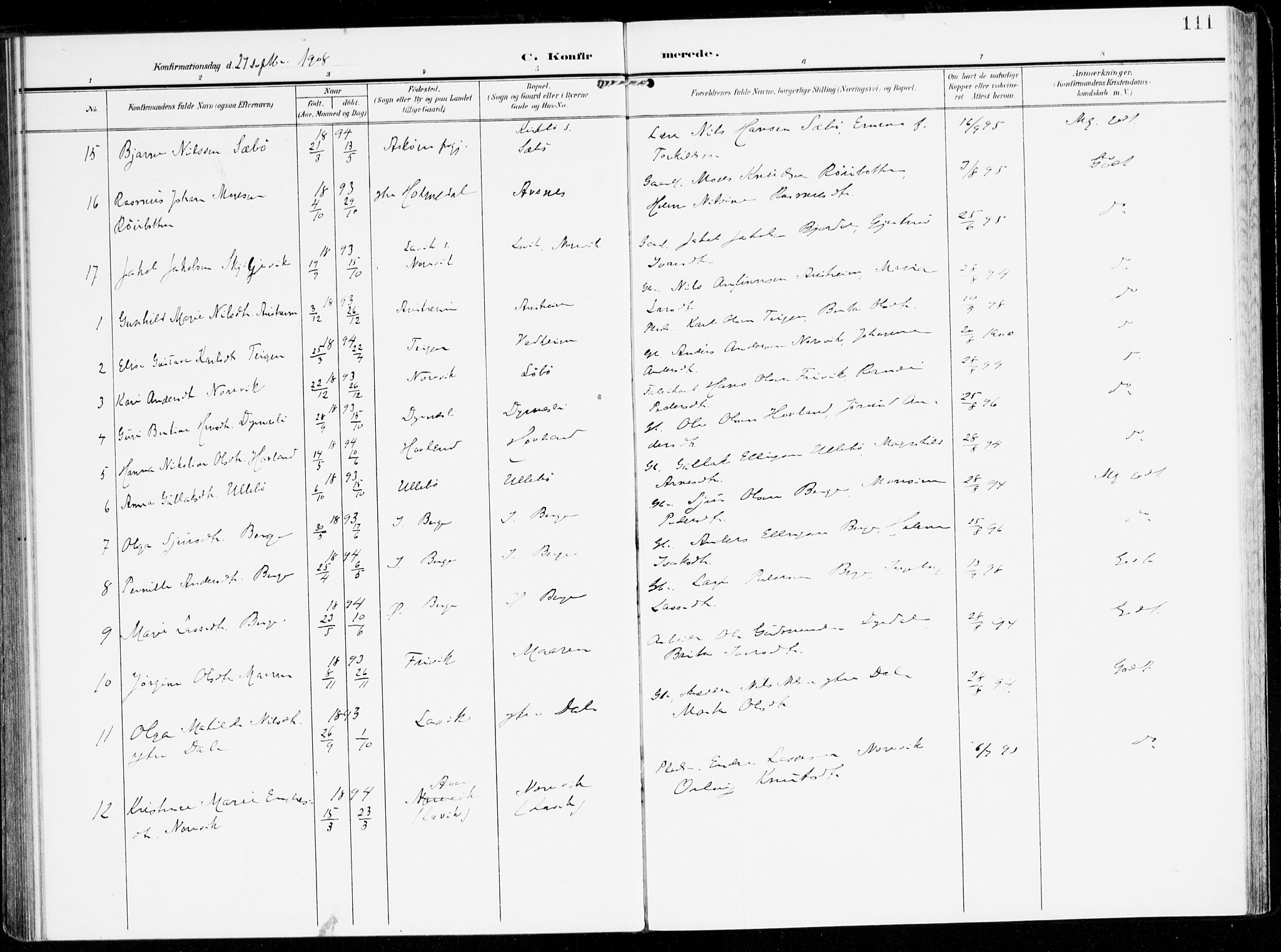 Lavik sokneprestembete, AV/SAB-A-80901: Ministerialbok nr. C 2, 1904-1921, s. 111
