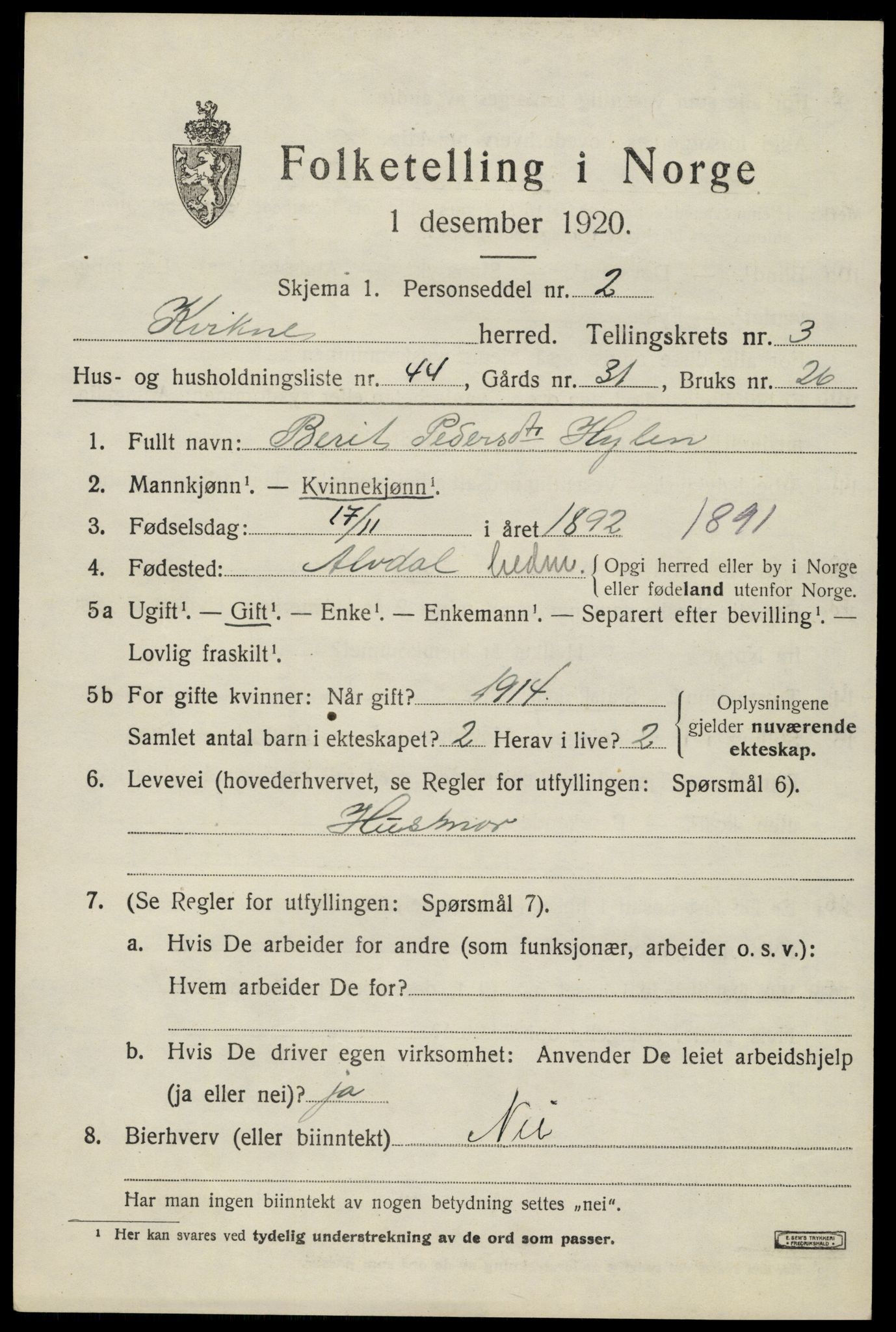 SAH, Folketelling 1920 for 0440 Kvikne herred, 1920, s. 1604