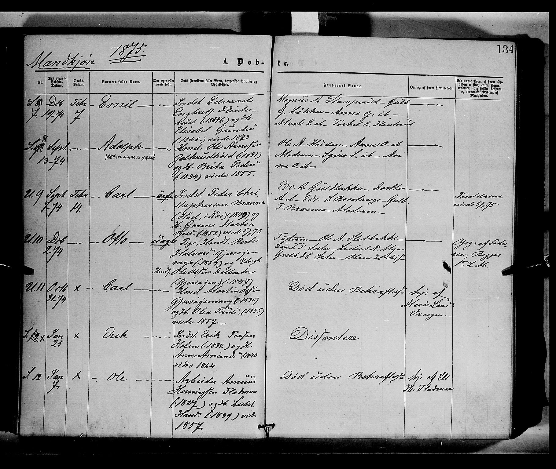Sør-Odal prestekontor, AV/SAH-PREST-030/H/Ha/Haa/L0004: Ministerialbok nr. 4, 1870-1875, s. 134