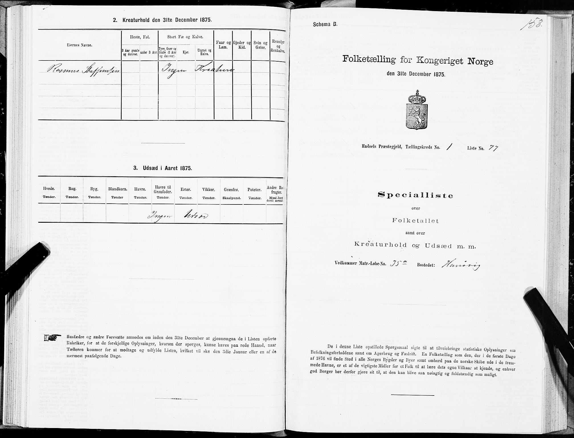 SAT, Folketelling 1875 for 1866P Hadsel prestegjeld, 1875, s. 1153