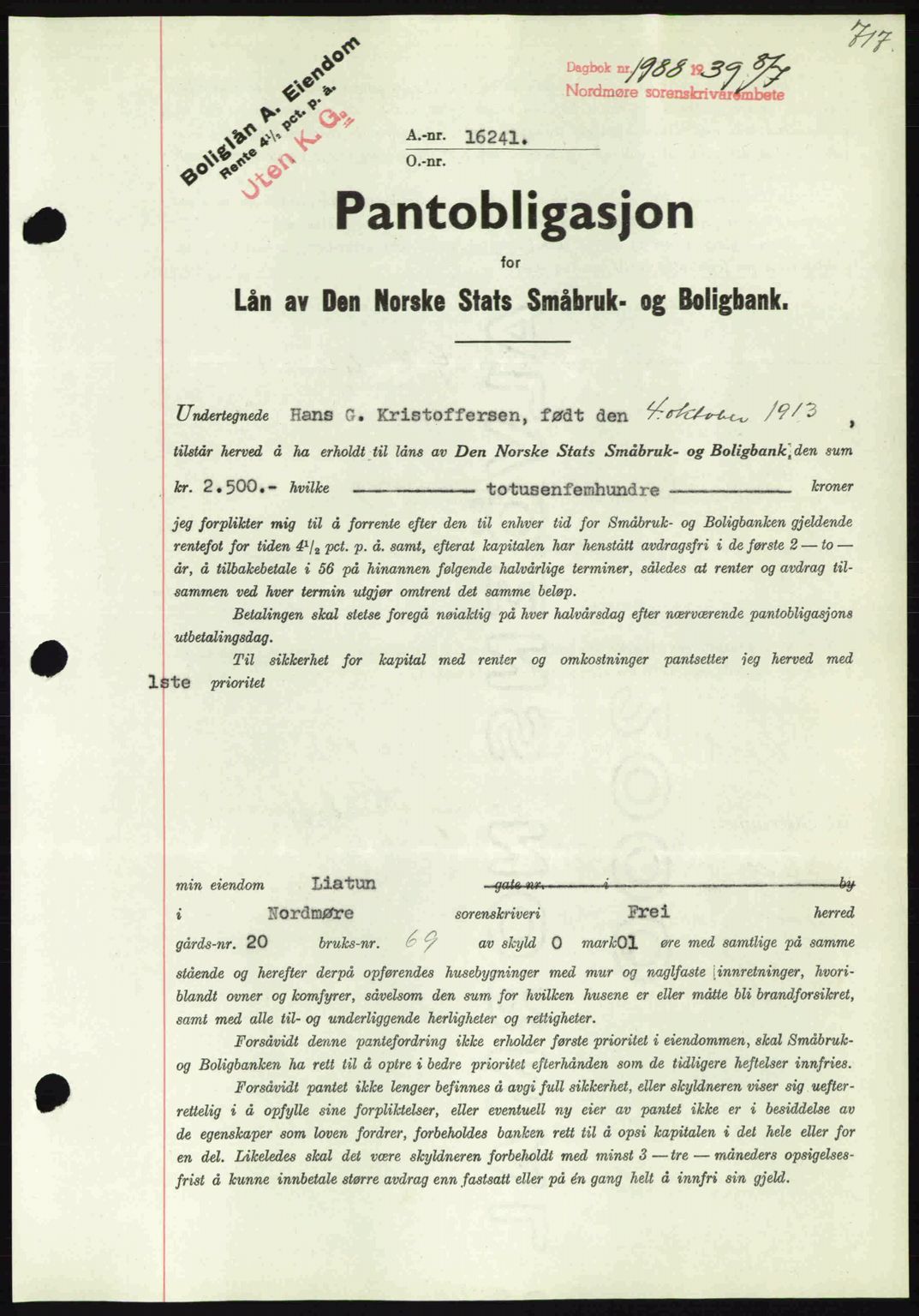 Nordmøre sorenskriveri, SAT/A-4132/1/2/2Ca: Pantebok nr. B85, 1939-1939, Dagboknr: 1988/1939