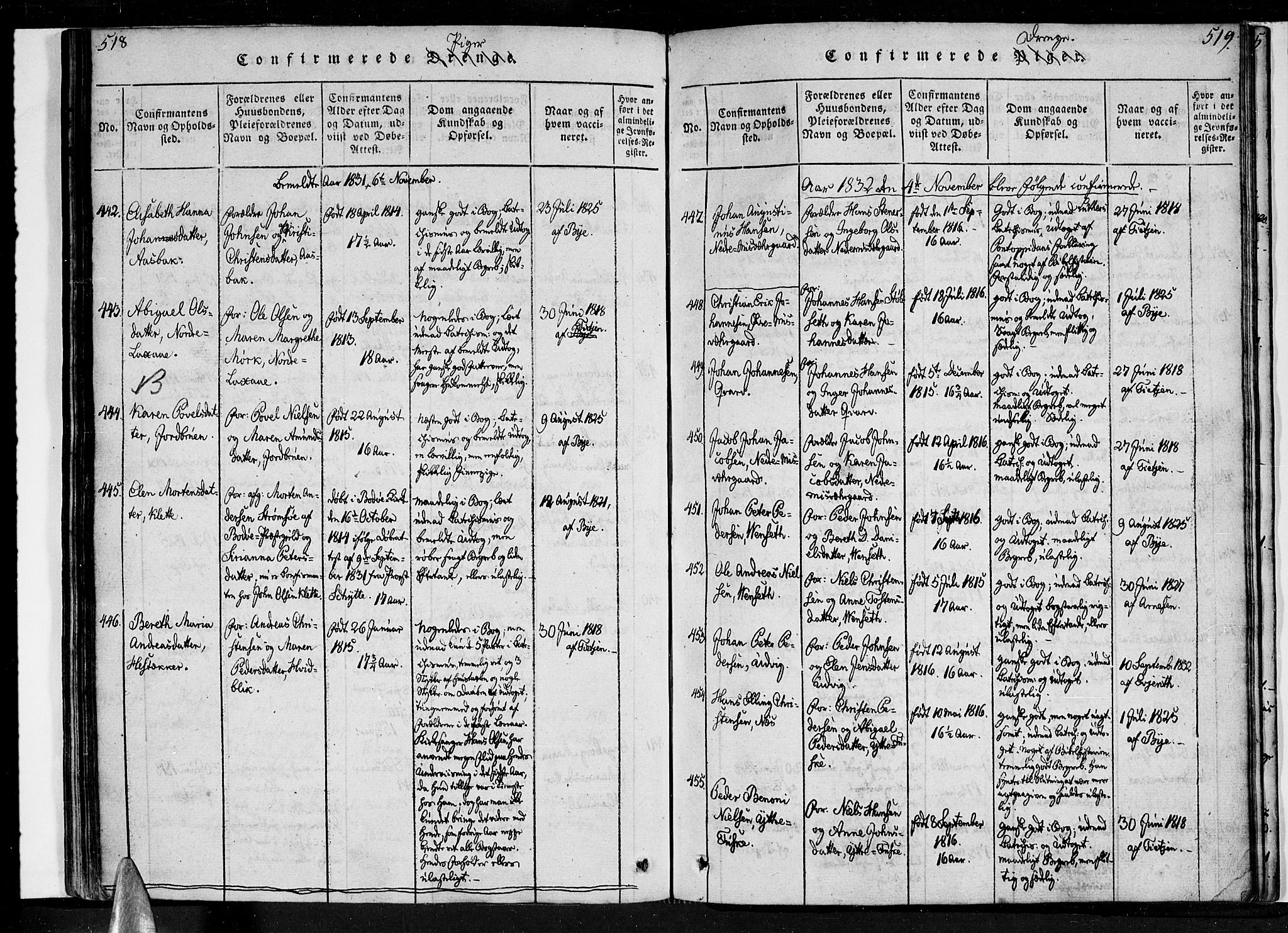 Ministerialprotokoller, klokkerbøker og fødselsregistre - Nordland, SAT/A-1459/852/L0736: Ministerialbok nr. 852A06, 1820-1833, s. 518-519