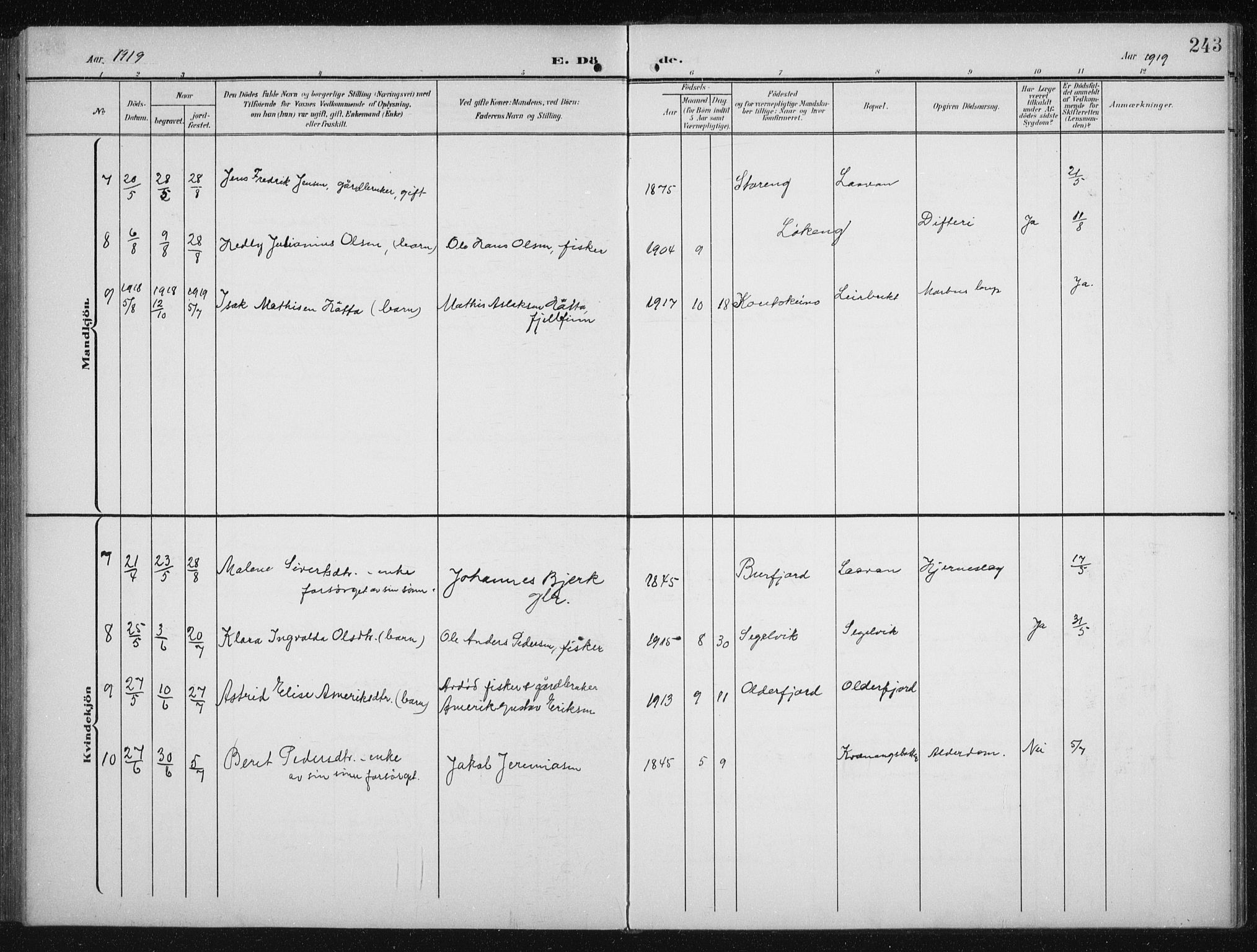 Skjervøy sokneprestkontor, SATØ/S-1300/H/Ha/Hab/L0017klokker: Klokkerbok nr. 17, 1906-1941, s. 243