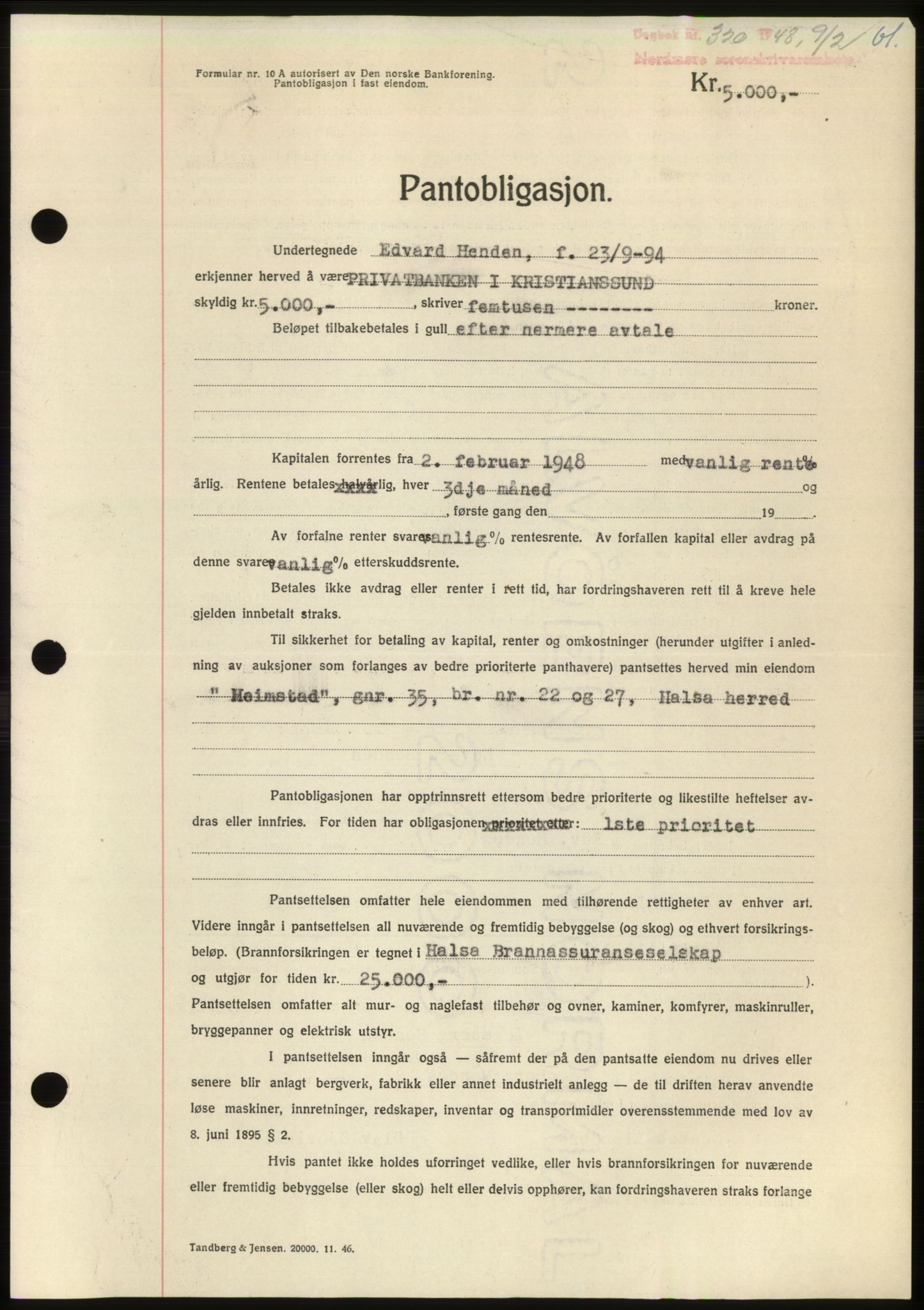 Nordmøre sorenskriveri, SAT/A-4132/1/2/2Ca: Pantebok nr. B98, 1948-1948, Dagboknr: 320/1948