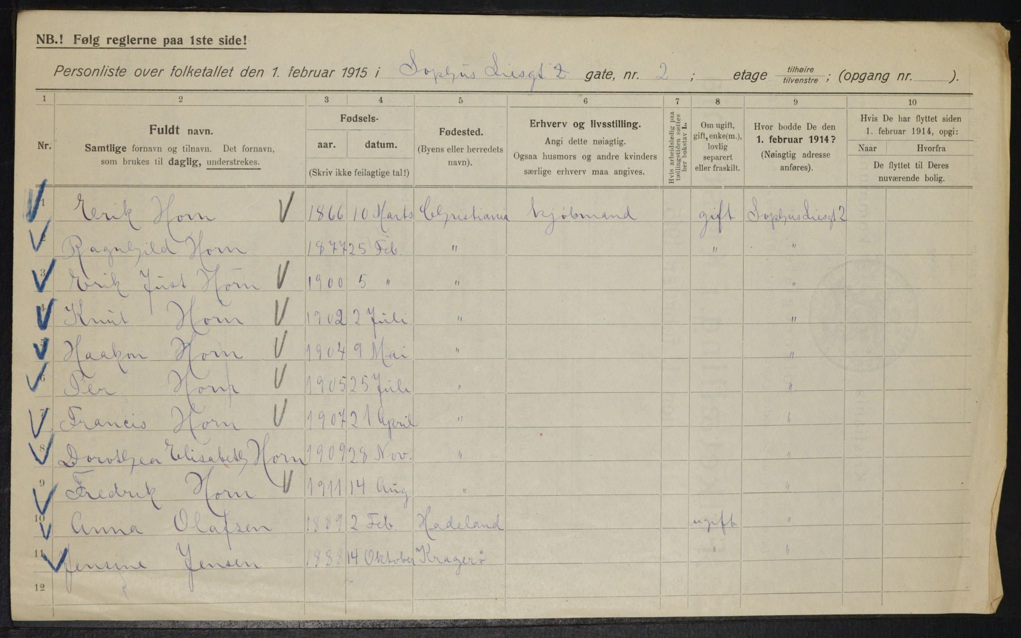 OBA, Kommunal folketelling 1.2.1915 for Kristiania, 1915, s. 99611