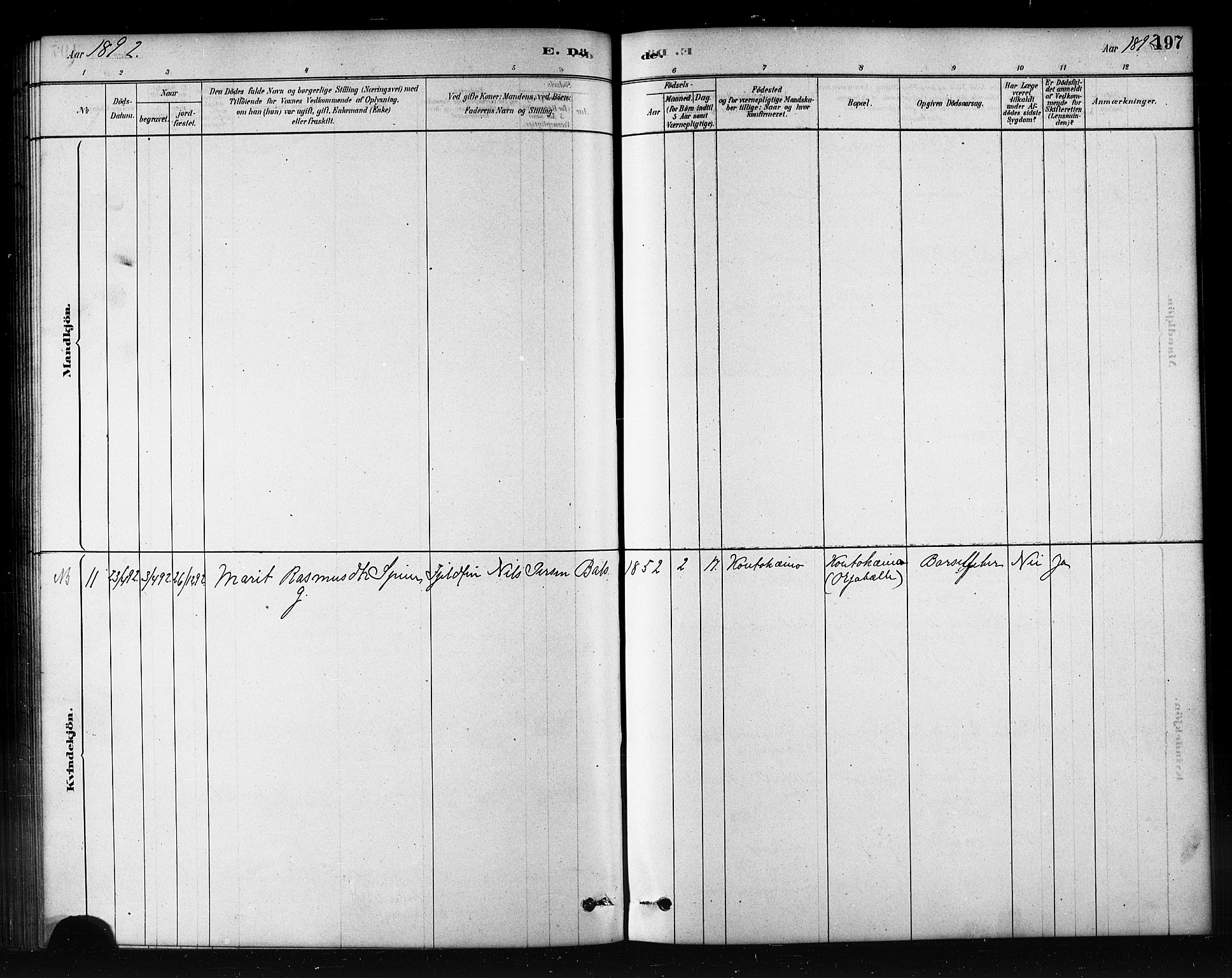 Kautokeino sokneprestembete, SATØ/S-1340/H/Hb/L0002.klokk: Klokkerbok nr. 2, 1877-1896, s. 197