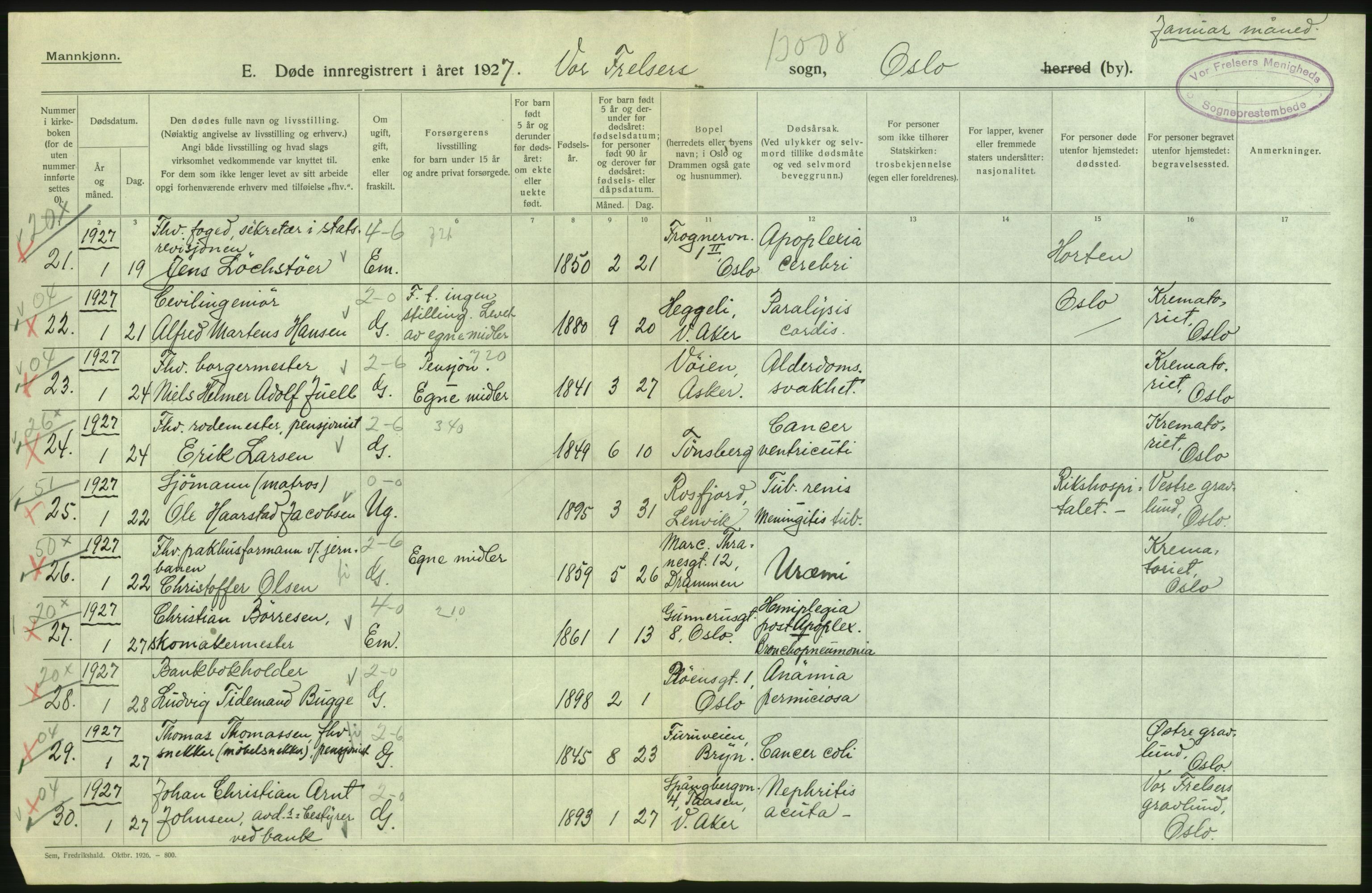 Statistisk sentralbyrå, Sosiodemografiske emner, Befolkning, AV/RA-S-2228/D/Df/Dfc/Dfcg/L0009: Oslo: Døde menn, 1927, s. 6