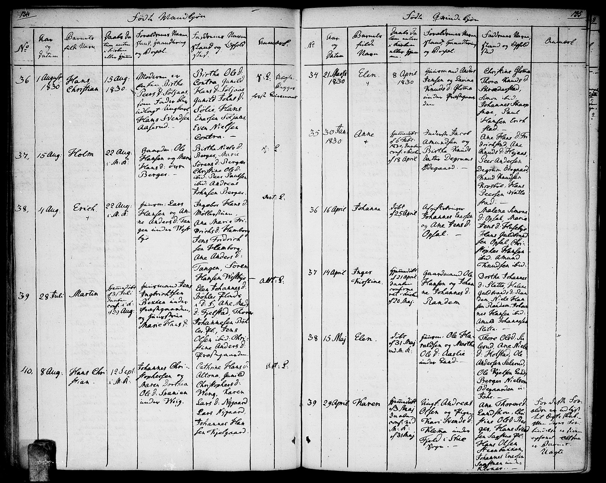 Enebakk prestekontor Kirkebøker, AV/SAO-A-10171c/F/Fa/L0007: Ministerialbok nr. I 7, 1823-1832, s. 134-135