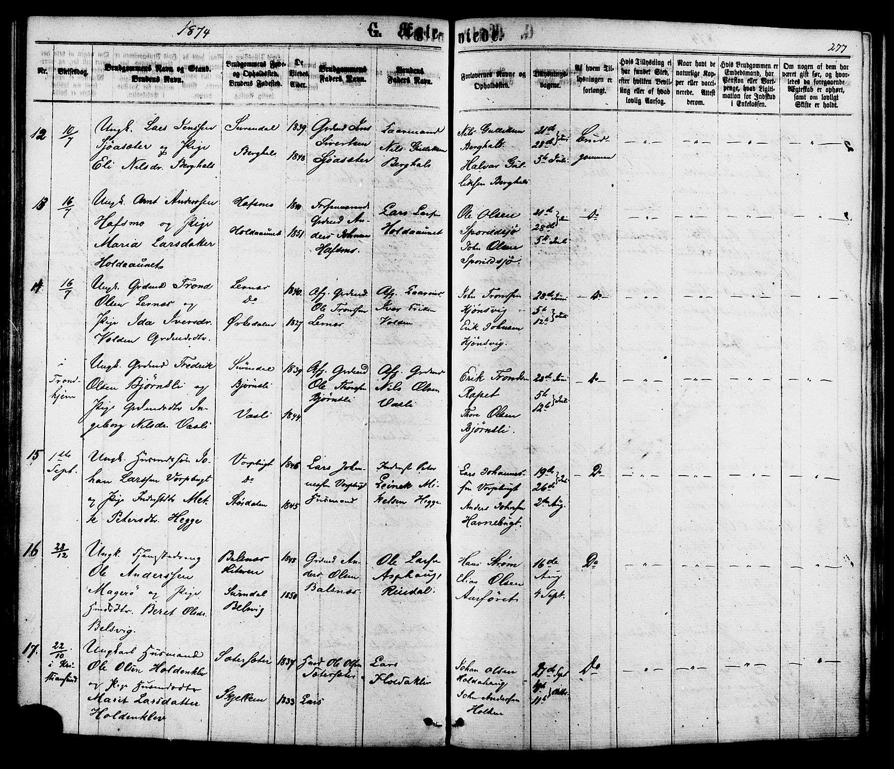 Ministerialprotokoller, klokkerbøker og fødselsregistre - Sør-Trøndelag, SAT/A-1456/630/L0495: Ministerialbok nr. 630A08, 1868-1878, s. 277