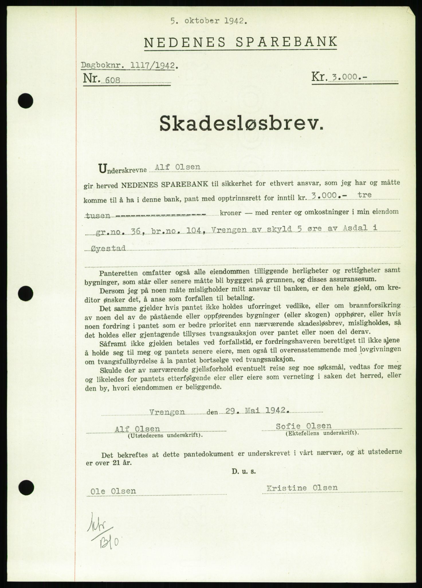 Nedenes sorenskriveri, SAK/1221-0006/G/Gb/Gbb/L0002: Pantebok nr. II, 1942-1945, Dagboknr: 1117/1942