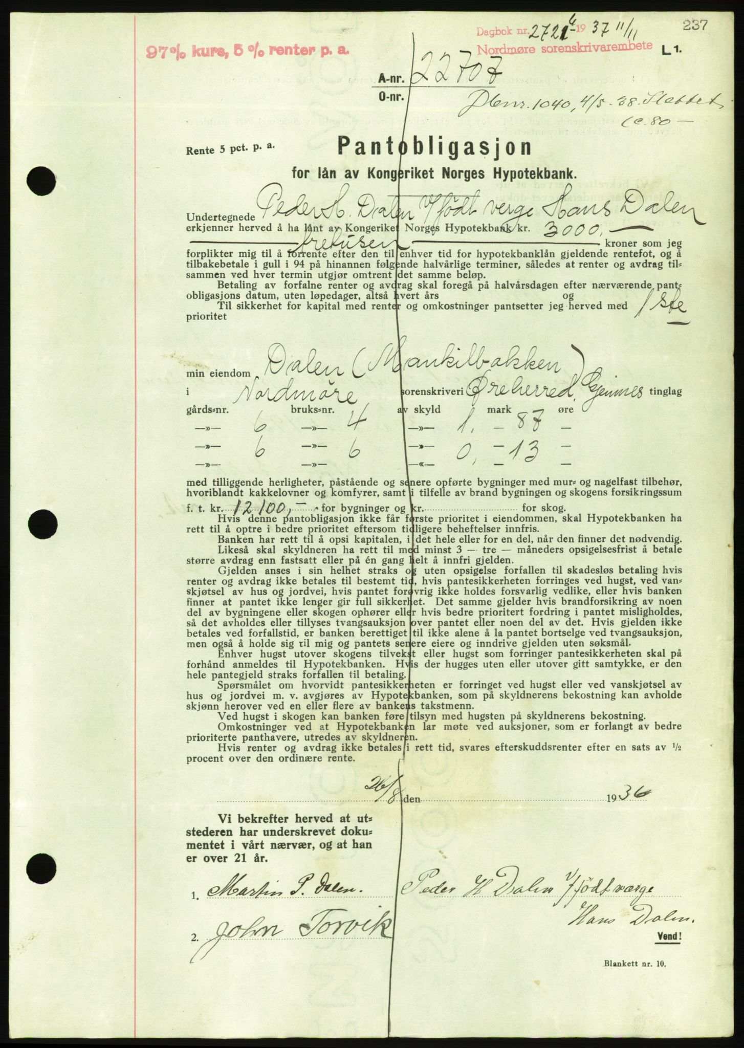 Nordmøre sorenskriveri, AV/SAT-A-4132/1/2/2Ca/L0092: Pantebok nr. B82, 1937-1938, Dagboknr: 2721/1937