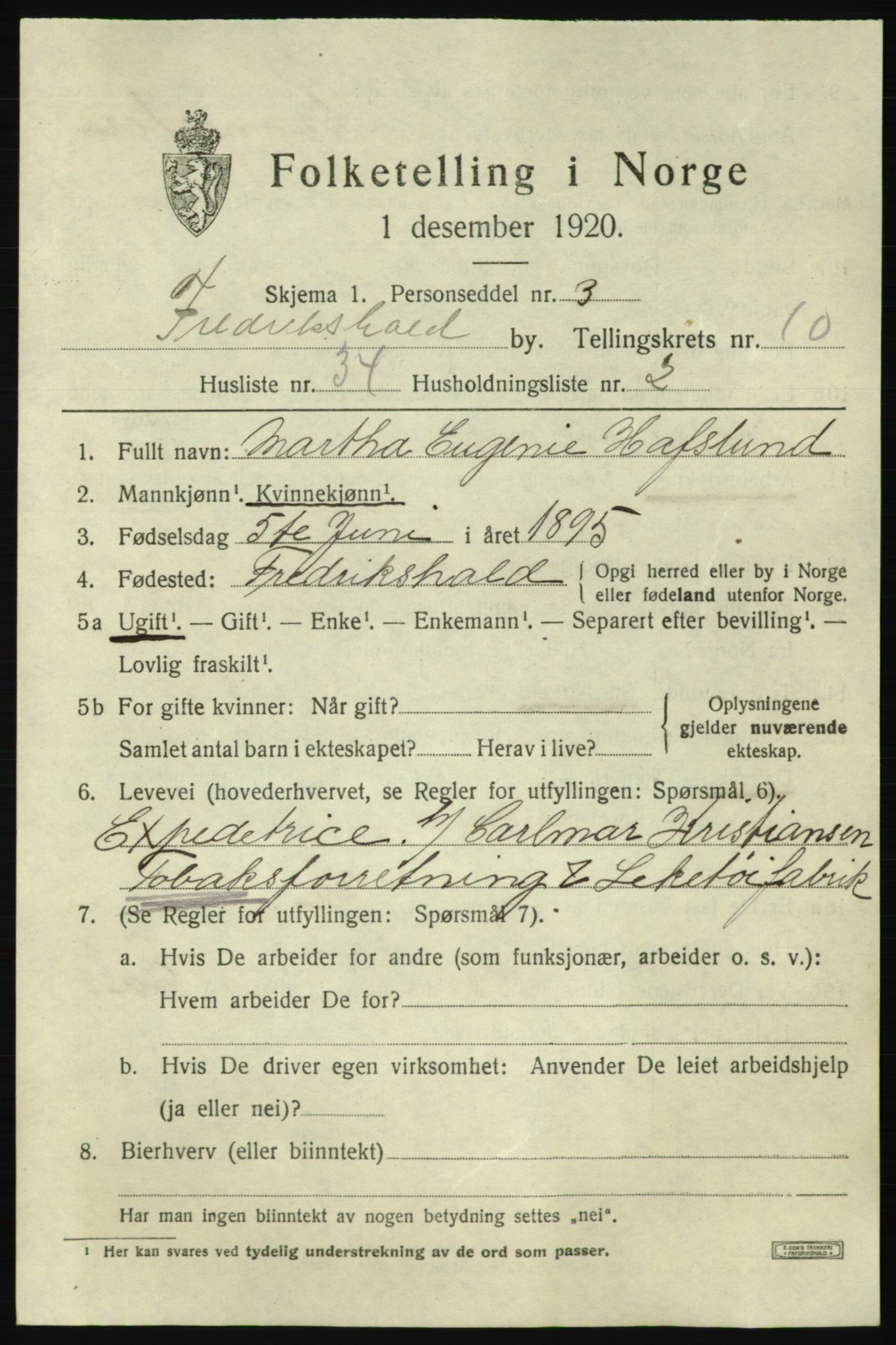 SAO, Folketelling 1920 for 0101 Fredrikshald kjøpstad, 1920, s. 18497