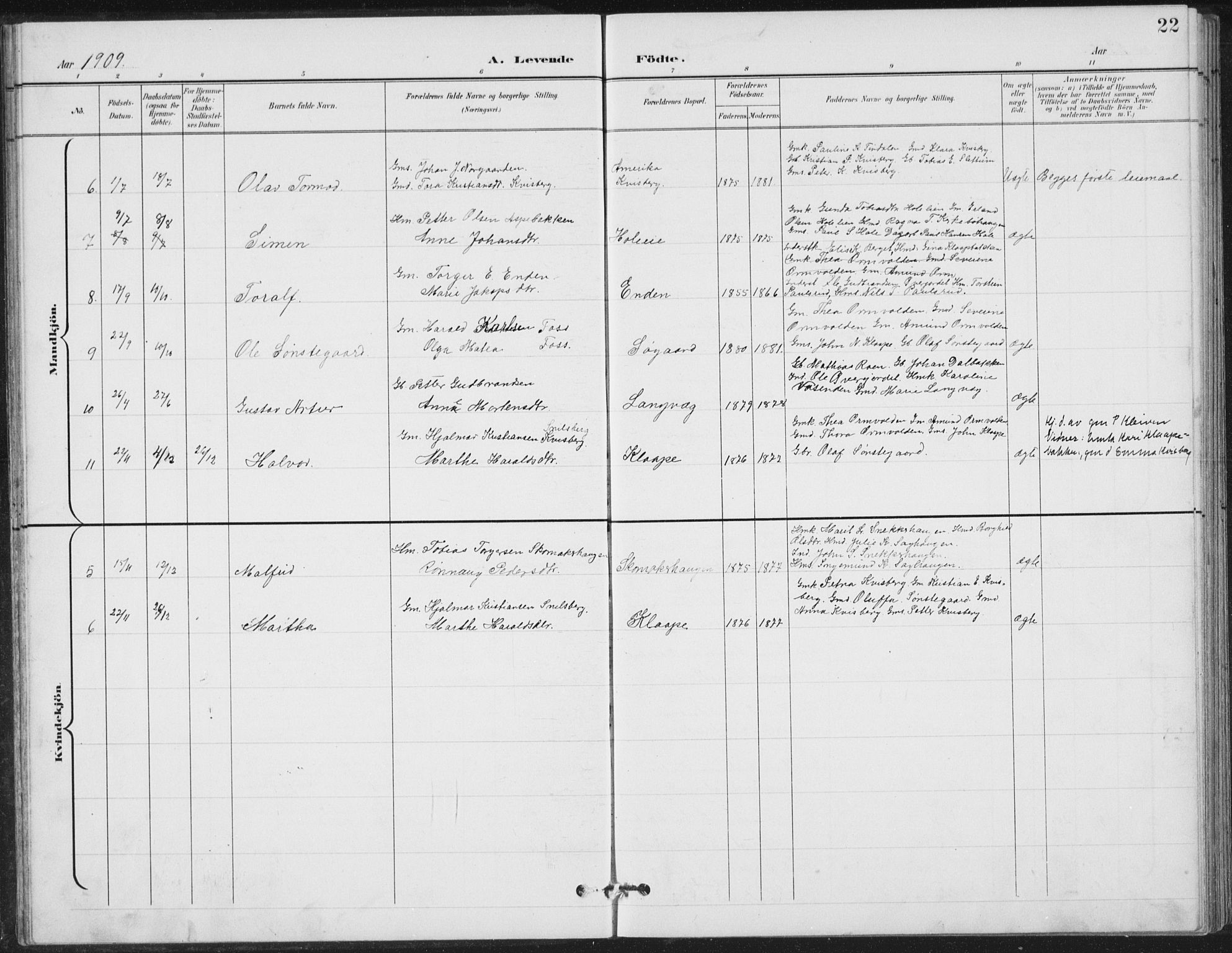 Vestre Gausdal prestekontor, AV/SAH-PREST-094/H/Ha/Hab/L0004: Klokkerbok nr. 4, 1898-1939, s. 22