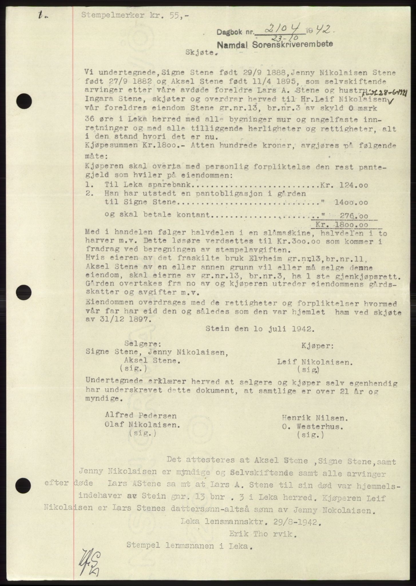 Namdal sorenskriveri, SAT/A-4133/1/2/2C: Pantebok nr. -, 1942-1943, Dagboknr: 2104/1942