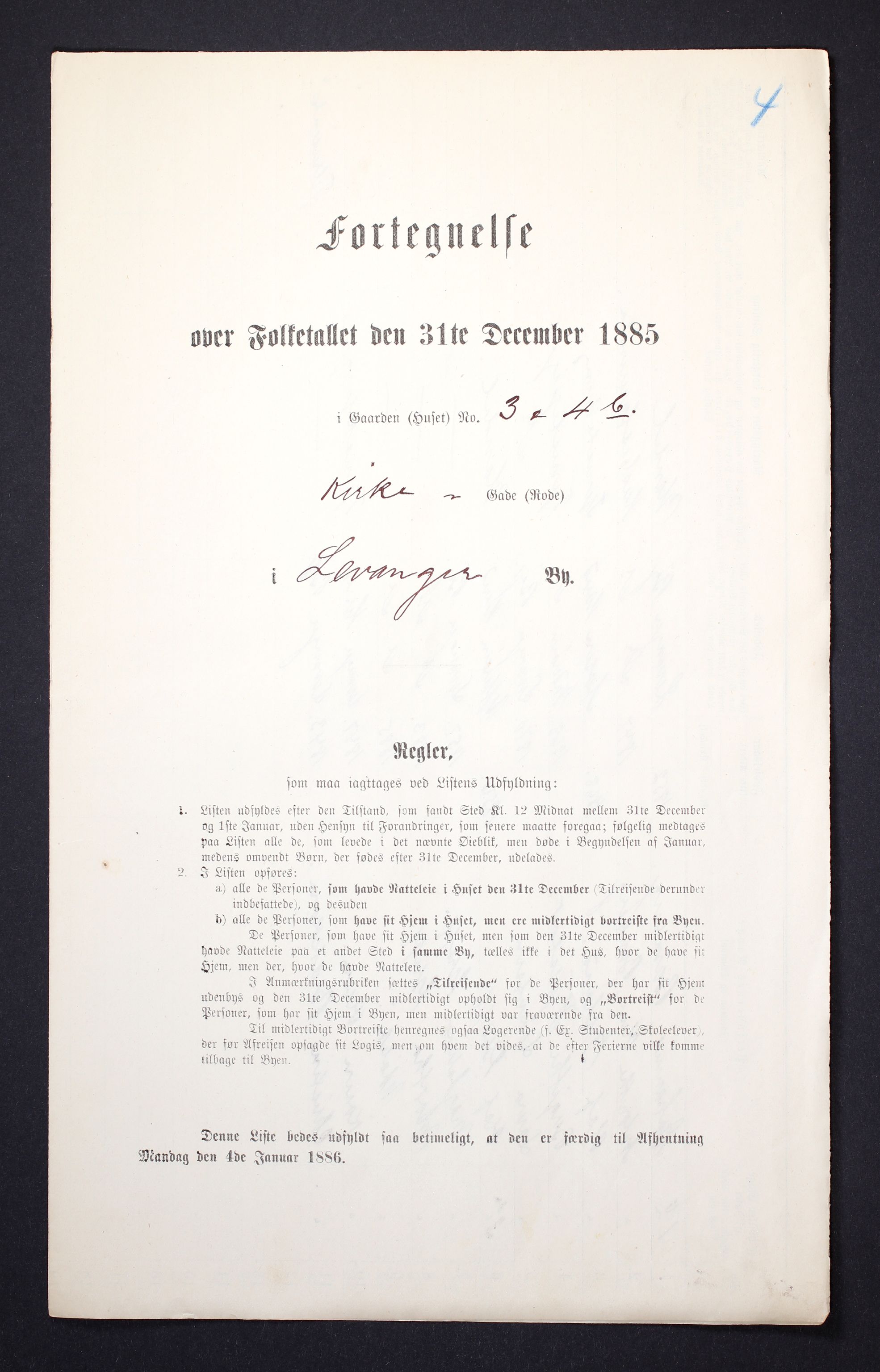 SAT, Folketelling 1885 for 1701 Levanger kjøpstad, 1885, s. 4a