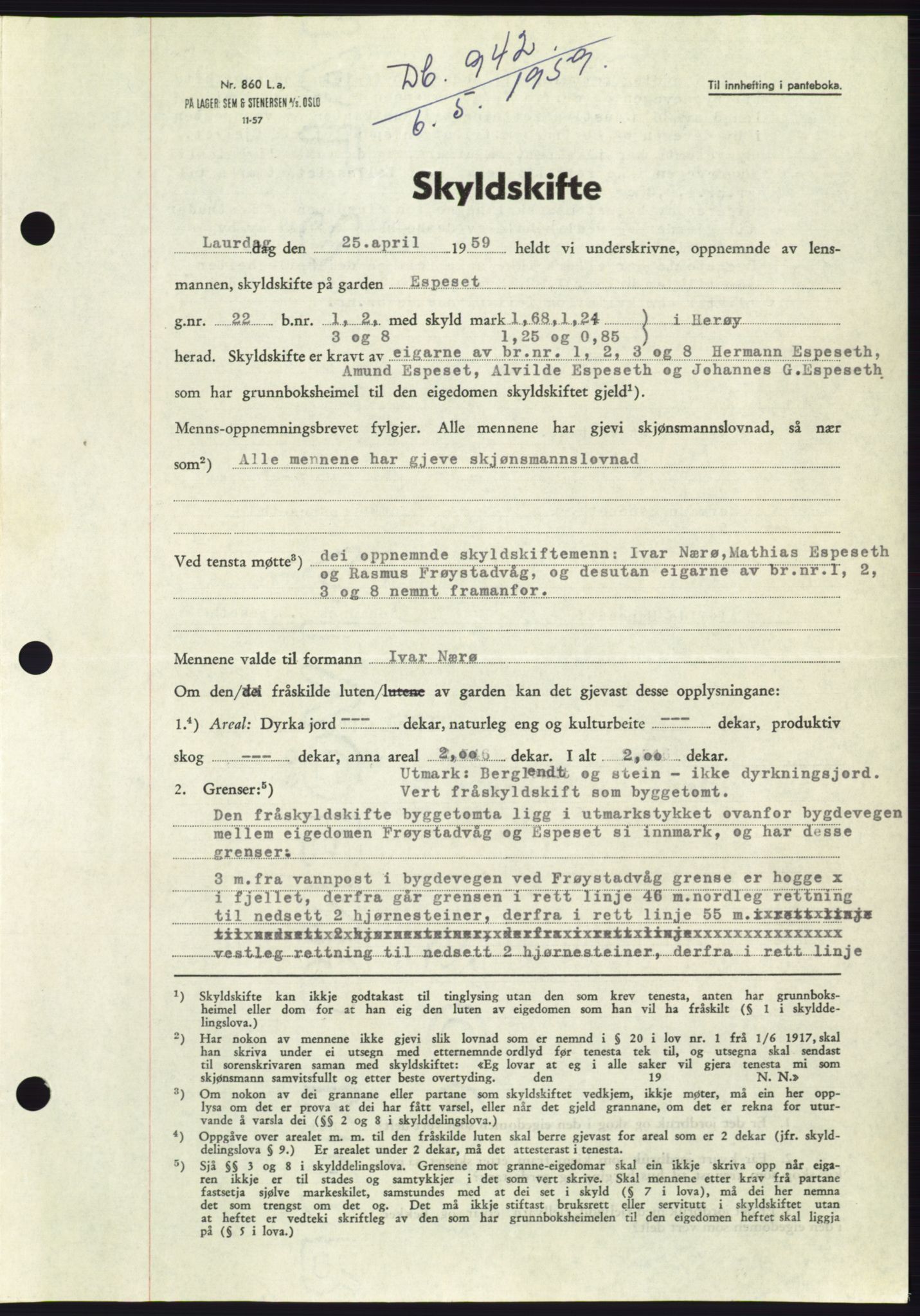 Søre Sunnmøre sorenskriveri, SAT/A-4122/1/2/2C/L0112: Pantebok nr. 38A, 1959-1959, Dagboknr: 942/1959