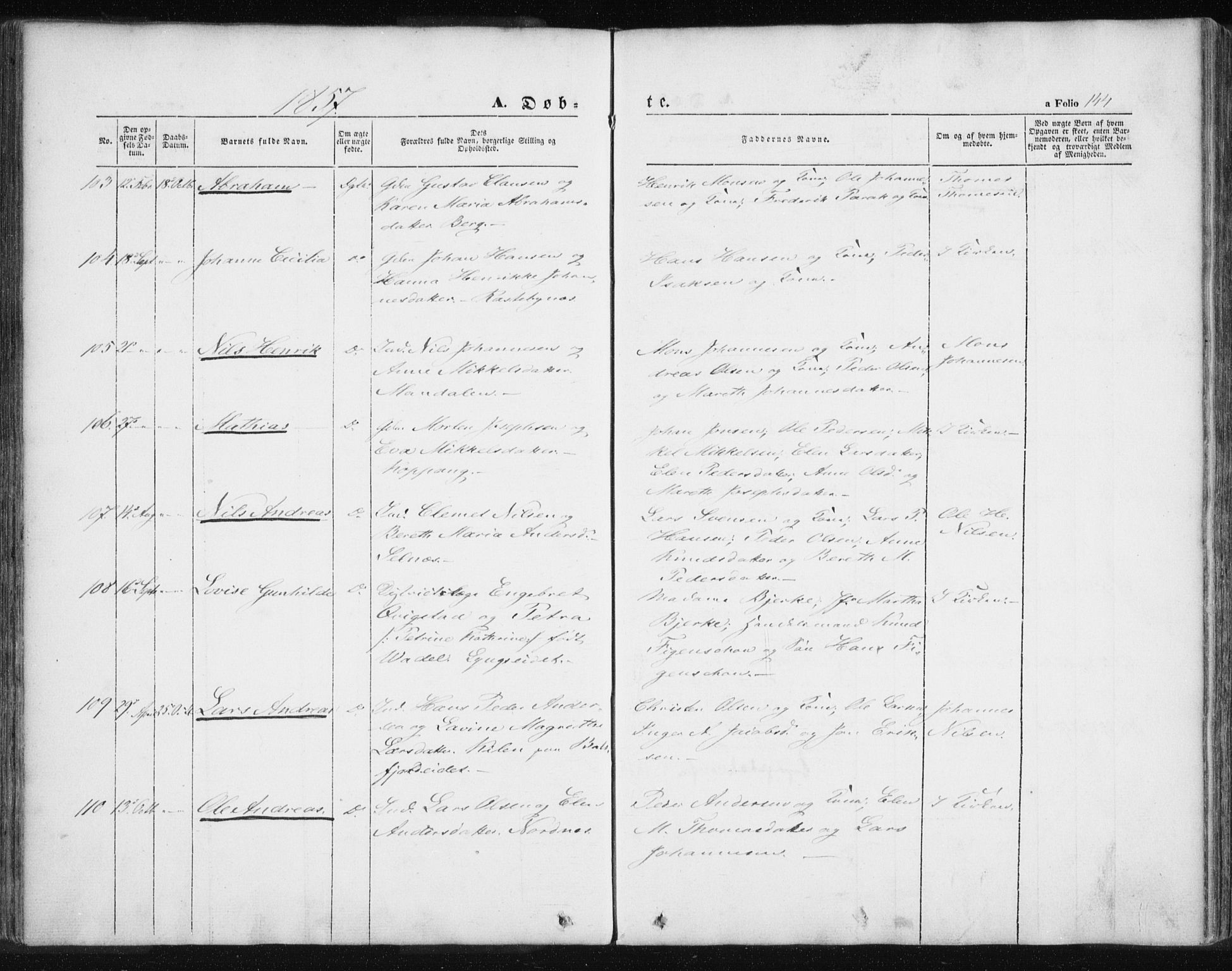 Lyngen sokneprestembete, AV/SATØ-S-1289/H/He/Hea/L0004kirke: Ministerialbok nr. 4, 1839-1858, s. 144