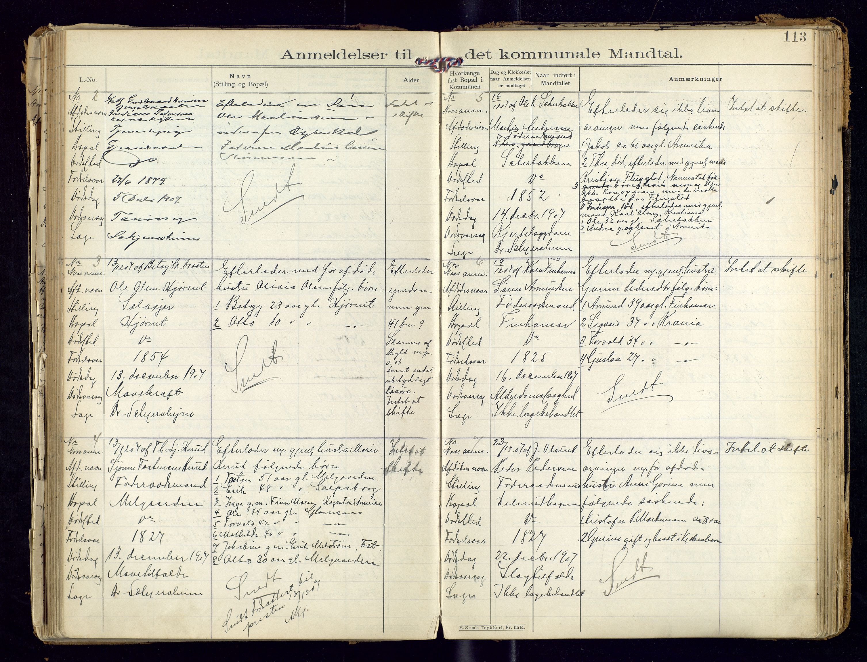 Sør-Odal lensmannskontor, AV/SAH-LHS-022/H/Hb/L0001/0002: Protokoller over anmeldte dødsfall / Protokoll over anmeldte dødsfall, 1901-1913, s. 113