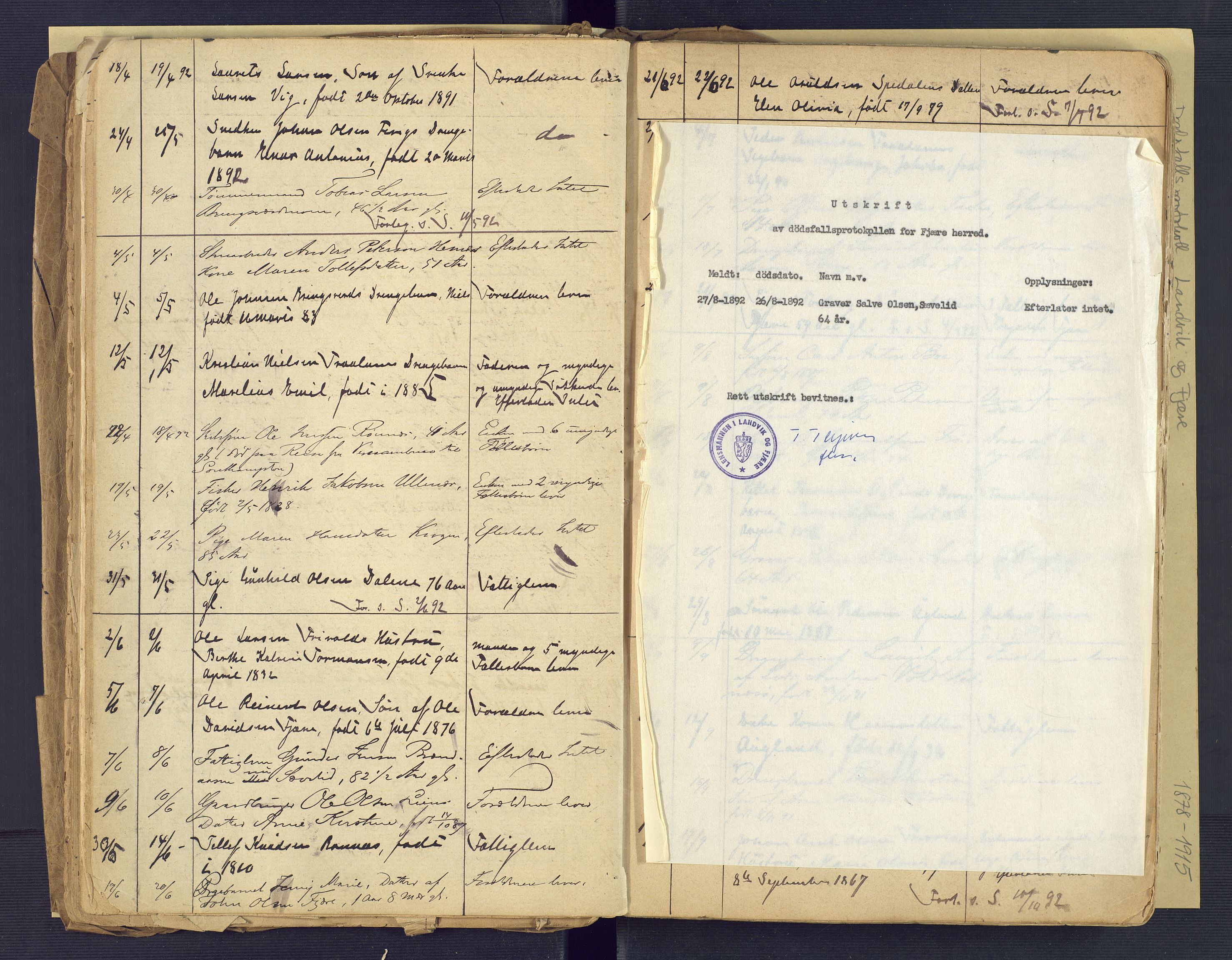 Landvik og Fjære lensmannskontor, AV/SAK-1241-0027/F/Fe/L0001: Dødsfallsprotokoll Landvik og Fjære nr 137, 1878-1915