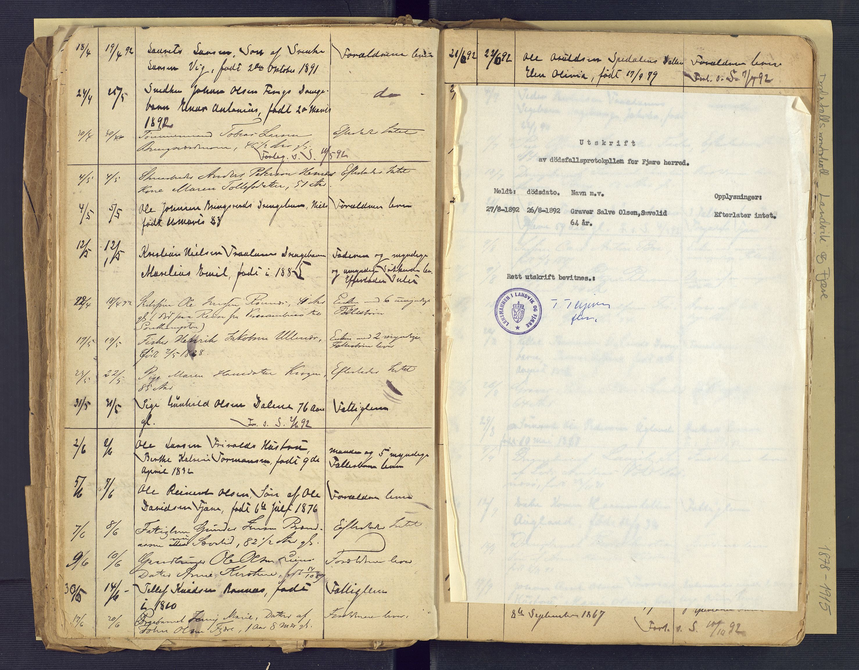 Landvik og Fjære lensmannskontor, SAK/1241-0027/F/Fe/L0001: Dødsfallsprotokoll Landvik og Fjære nr 137, 1878-1915