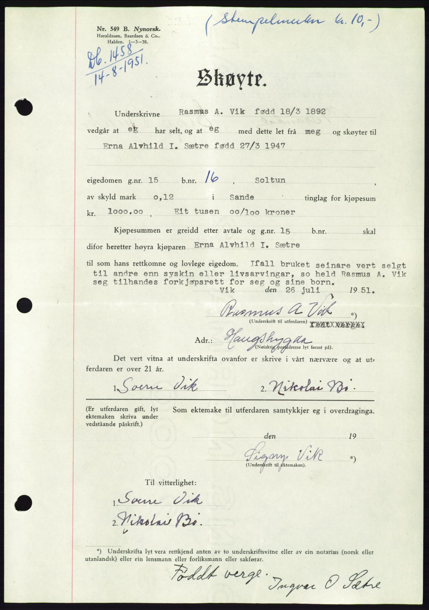 Søre Sunnmøre sorenskriveri, SAT/A-4122/1/2/2C/L0089: Pantebok nr. 15A, 1951-1951, Dagboknr: 1458/1951