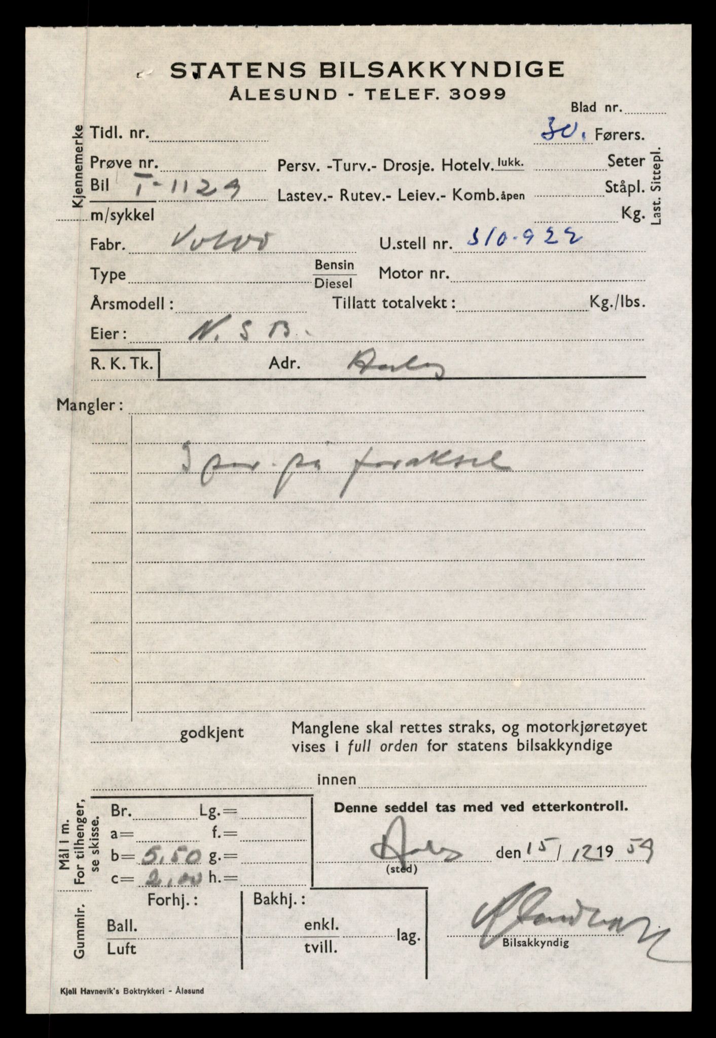 Møre og Romsdal vegkontor - Ålesund trafikkstasjon, SAT/A-4099/F/Fe/L0010: Registreringskort for kjøretøy T 1050 - T 1169, 1927-1998, s. 2229