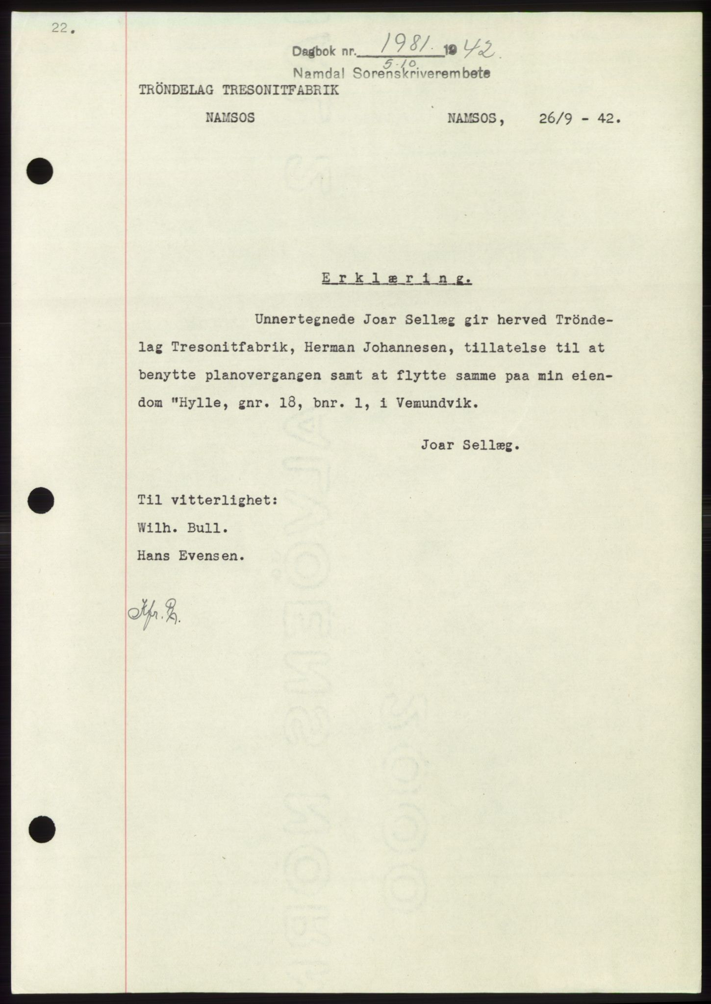 Namdal sorenskriveri, SAT/A-4133/1/2/2C: Pantebok nr. -, 1942-1943, Dagboknr: 1981/1942