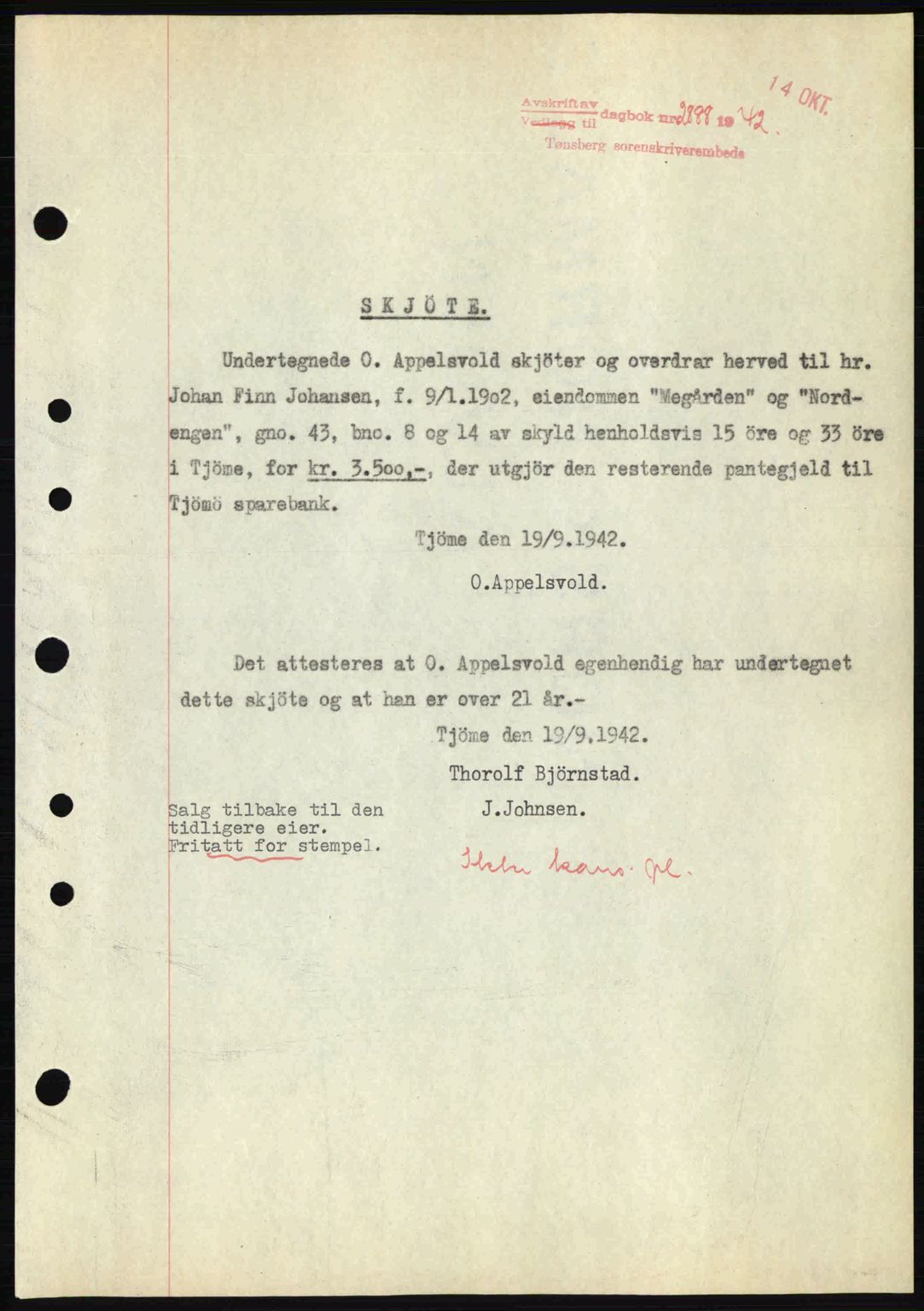 Tønsberg sorenskriveri, AV/SAKO-A-130/G/Ga/Gaa/L0012: Pantebok nr. A12, 1942-1943, Dagboknr: 2888/1942