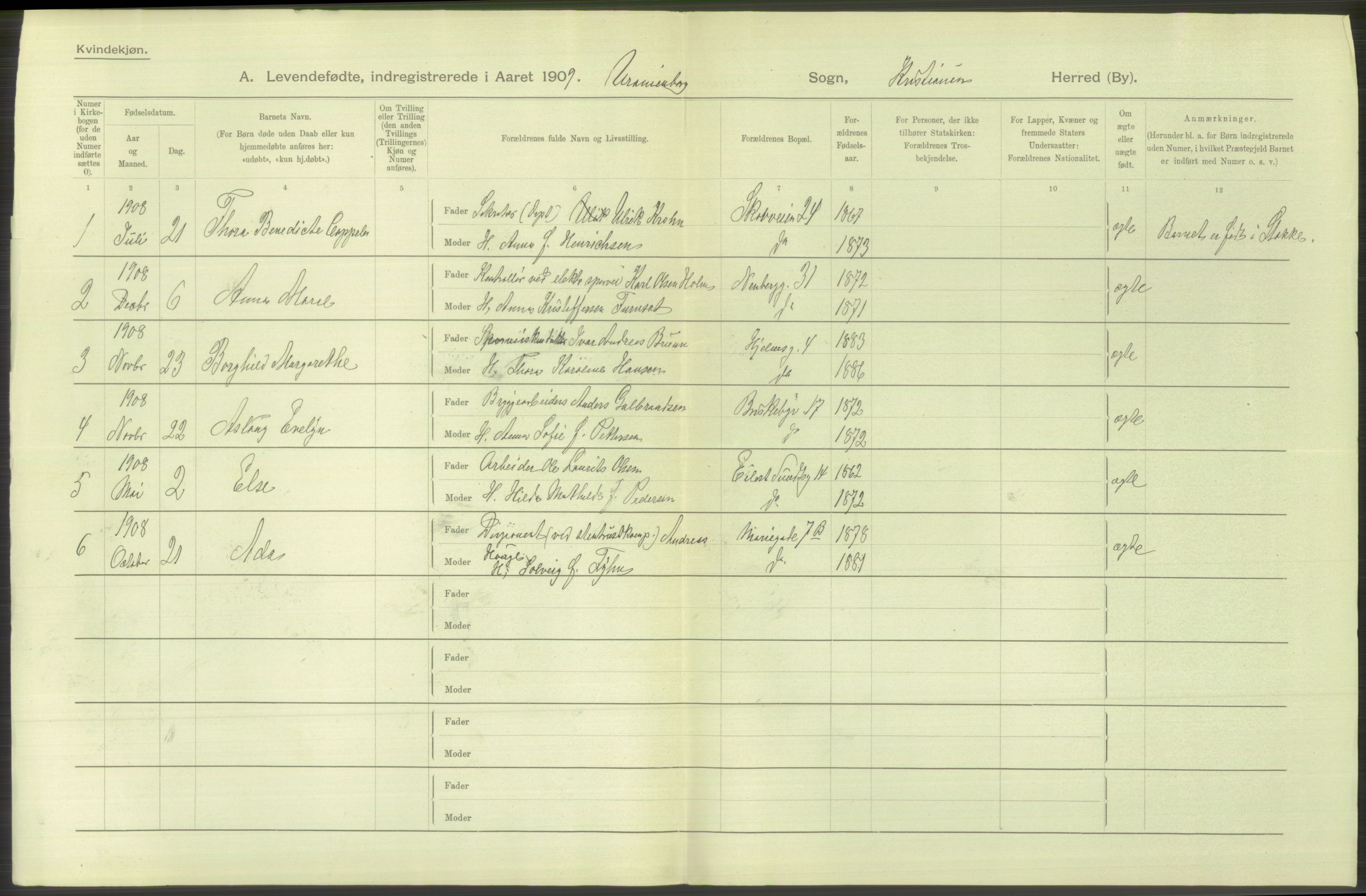 Statistisk sentralbyrå, Sosiodemografiske emner, Befolkning, AV/RA-S-2228/D/Df/Dfa/Dfag/L0007: Kristiania: Levendefødte menn og kvinner., 1909, s. 826