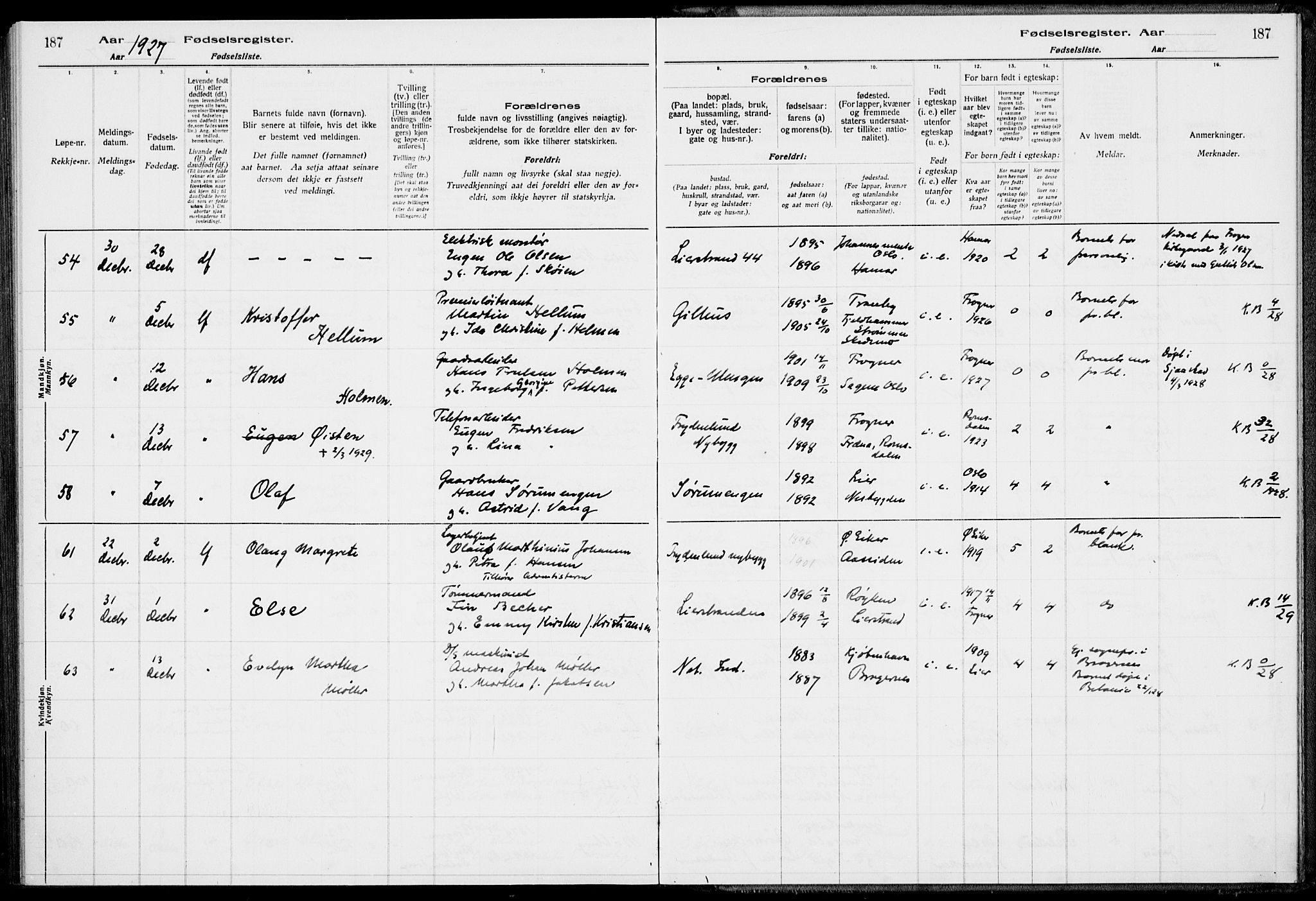 Lier kirkebøker, AV/SAKO-A-230/J/Ja/L0001: Fødselsregister nr. 1, 1916-1928, s. 187