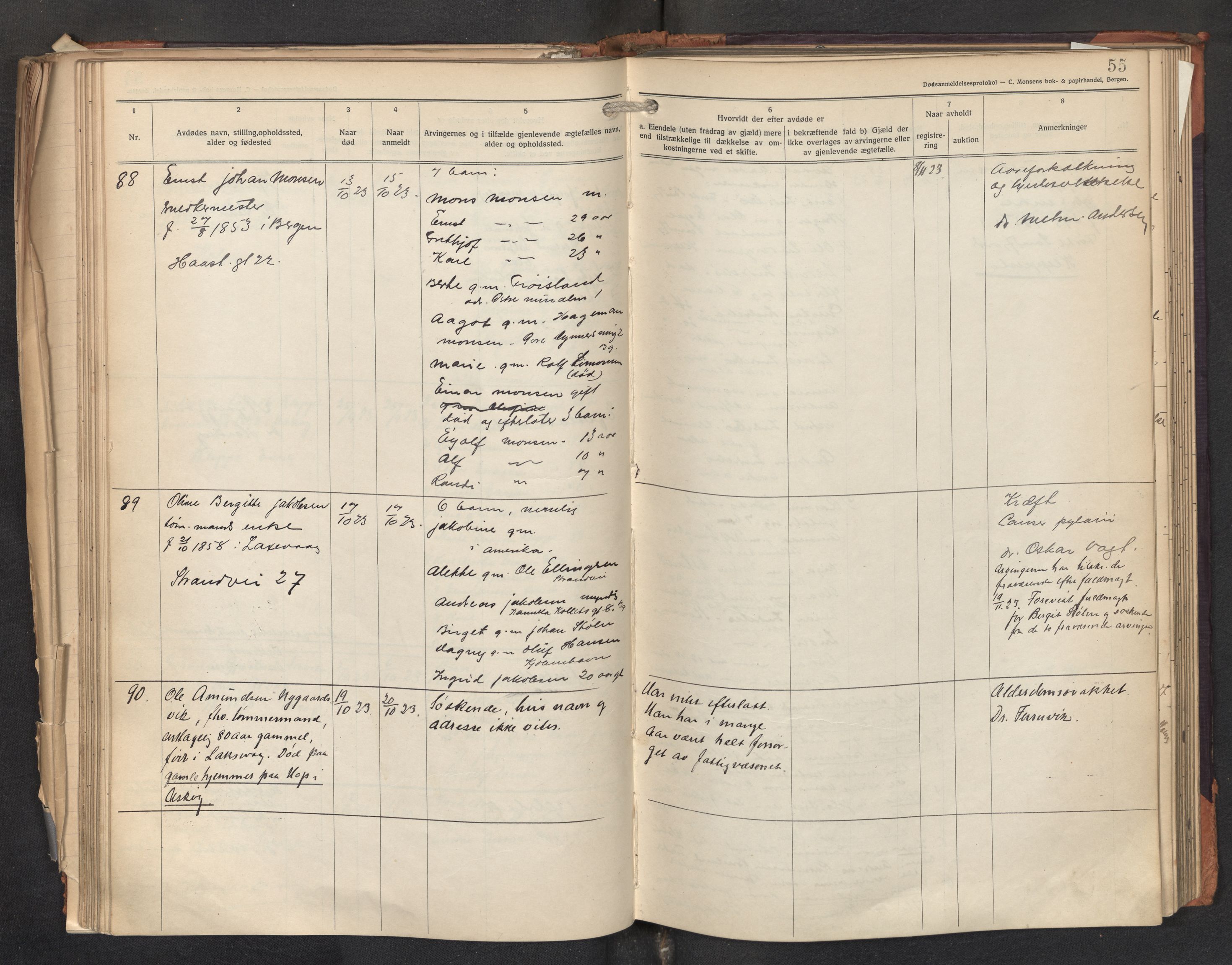 Lensmannen i Askøy, AV/SAB-A-31001/0006/L0002: Dødsfallprotokoll med register , 1921-1928, s. 55