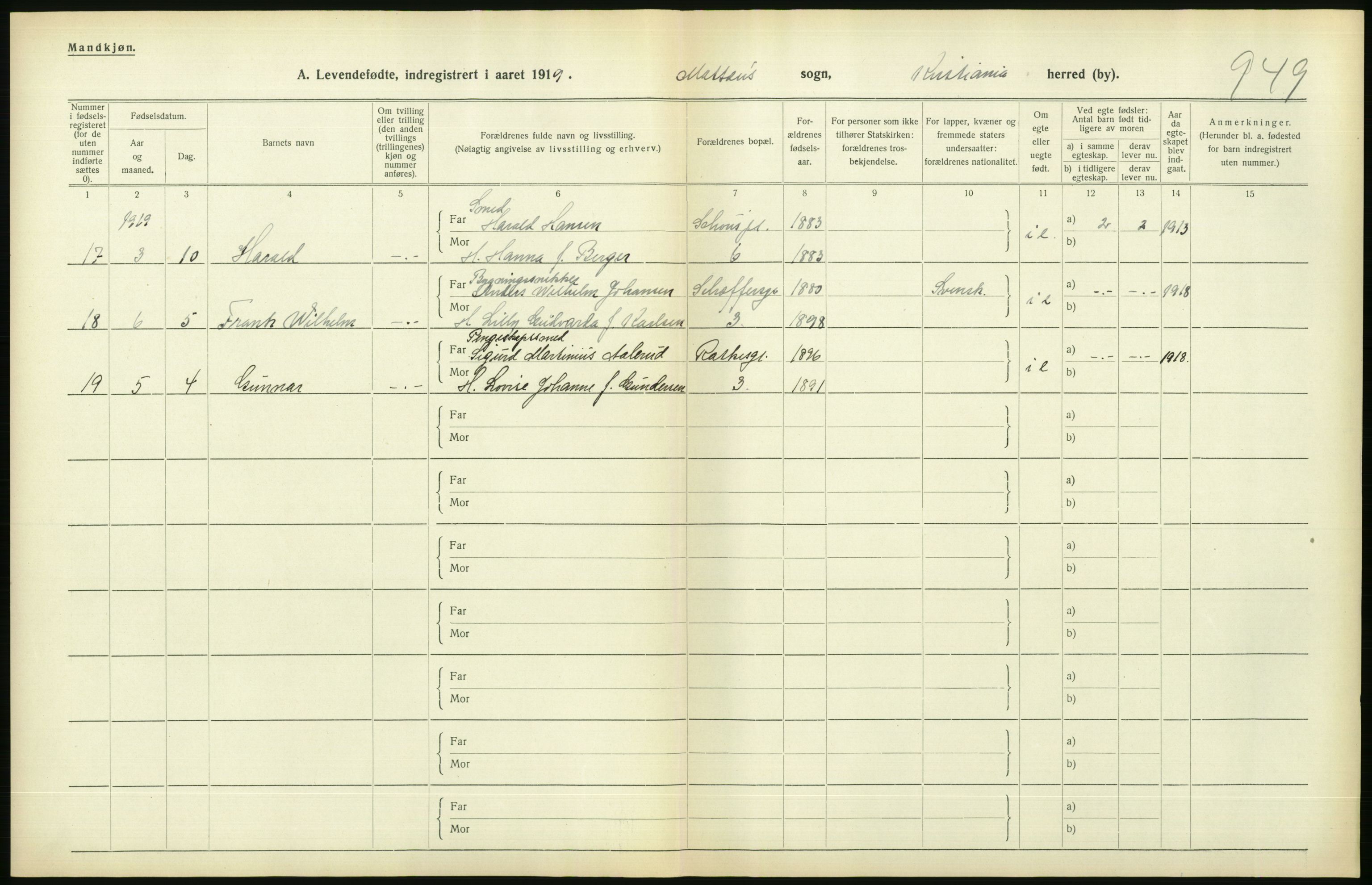 Statistisk sentralbyrå, Sosiodemografiske emner, Befolkning, AV/RA-S-2228/D/Df/Dfb/Dfbi/L0008: Kristiania: Levendefødte menn og kvinner., 1919