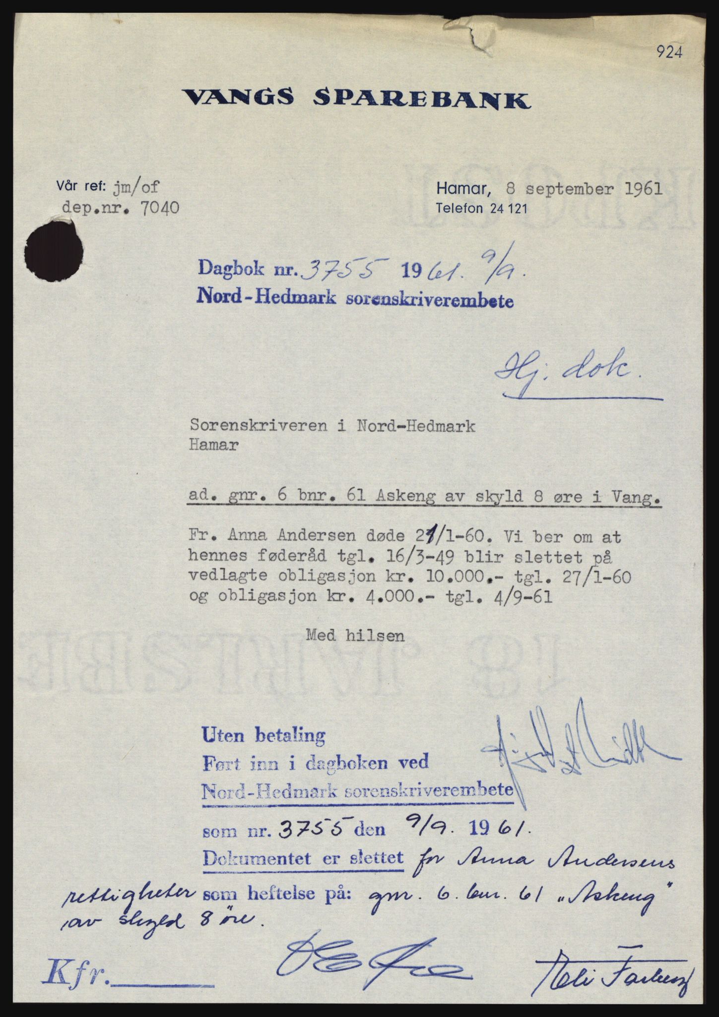 Nord-Hedmark sorenskriveri, SAH/TING-012/H/Hc/L0015: Pantebok nr. 15, 1961-1961, Dagboknr: 3755/1961