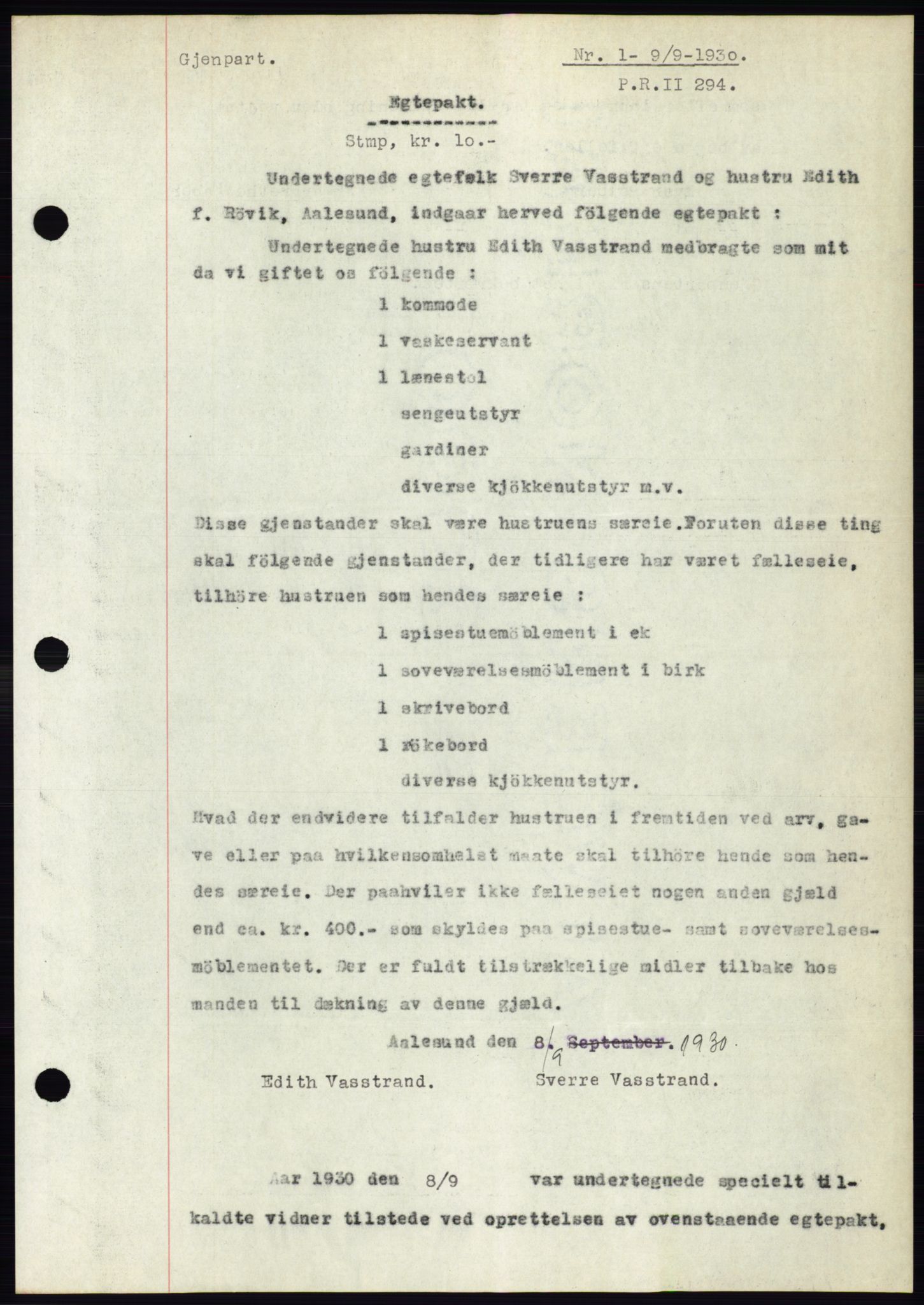 Ålesund byfogd, SAT/A-4384: Pantebok nr. 26, 1930-1930, Tingl.dato: 09.09.1930